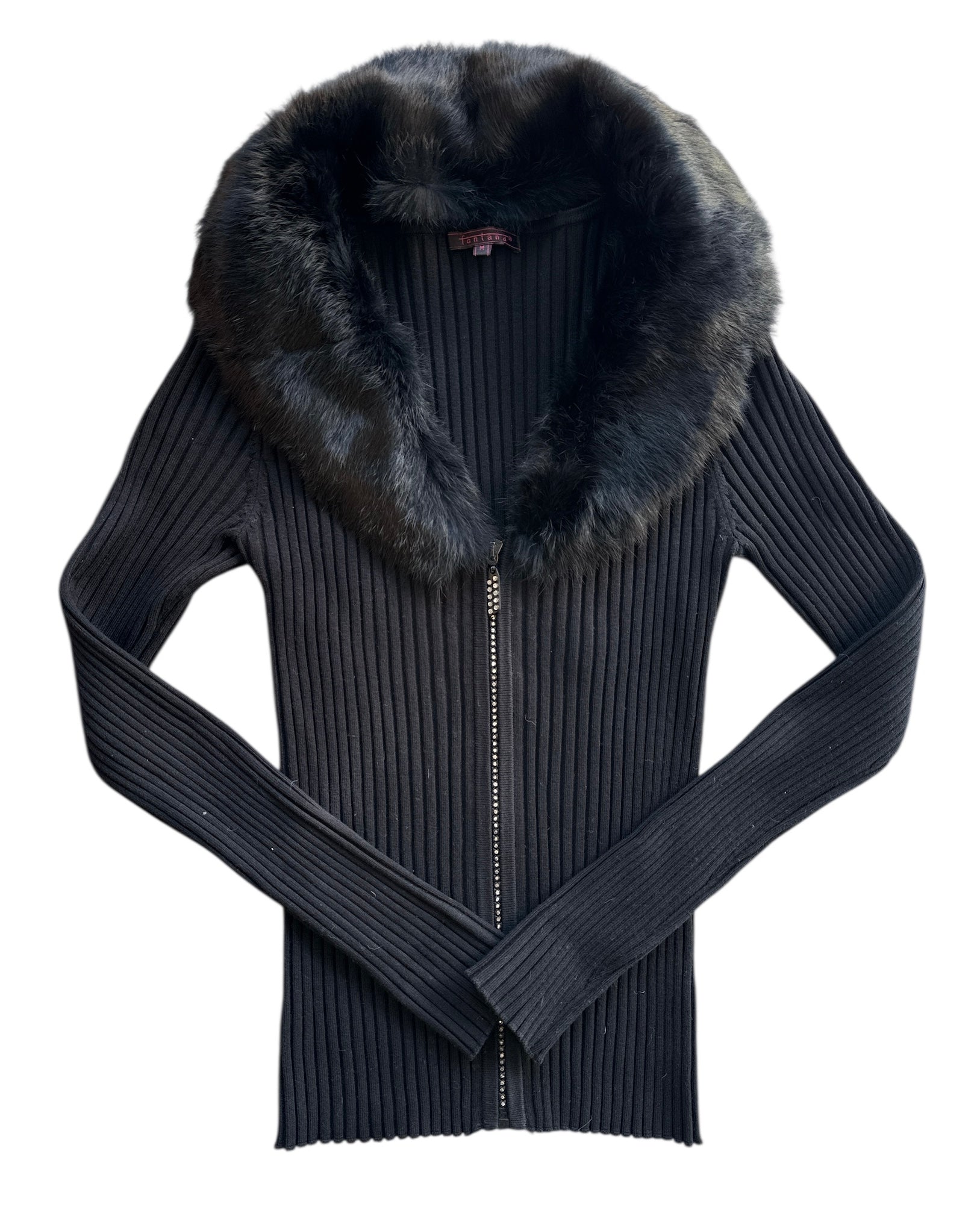 Black Fantana Fur trim sparkle zip up, M