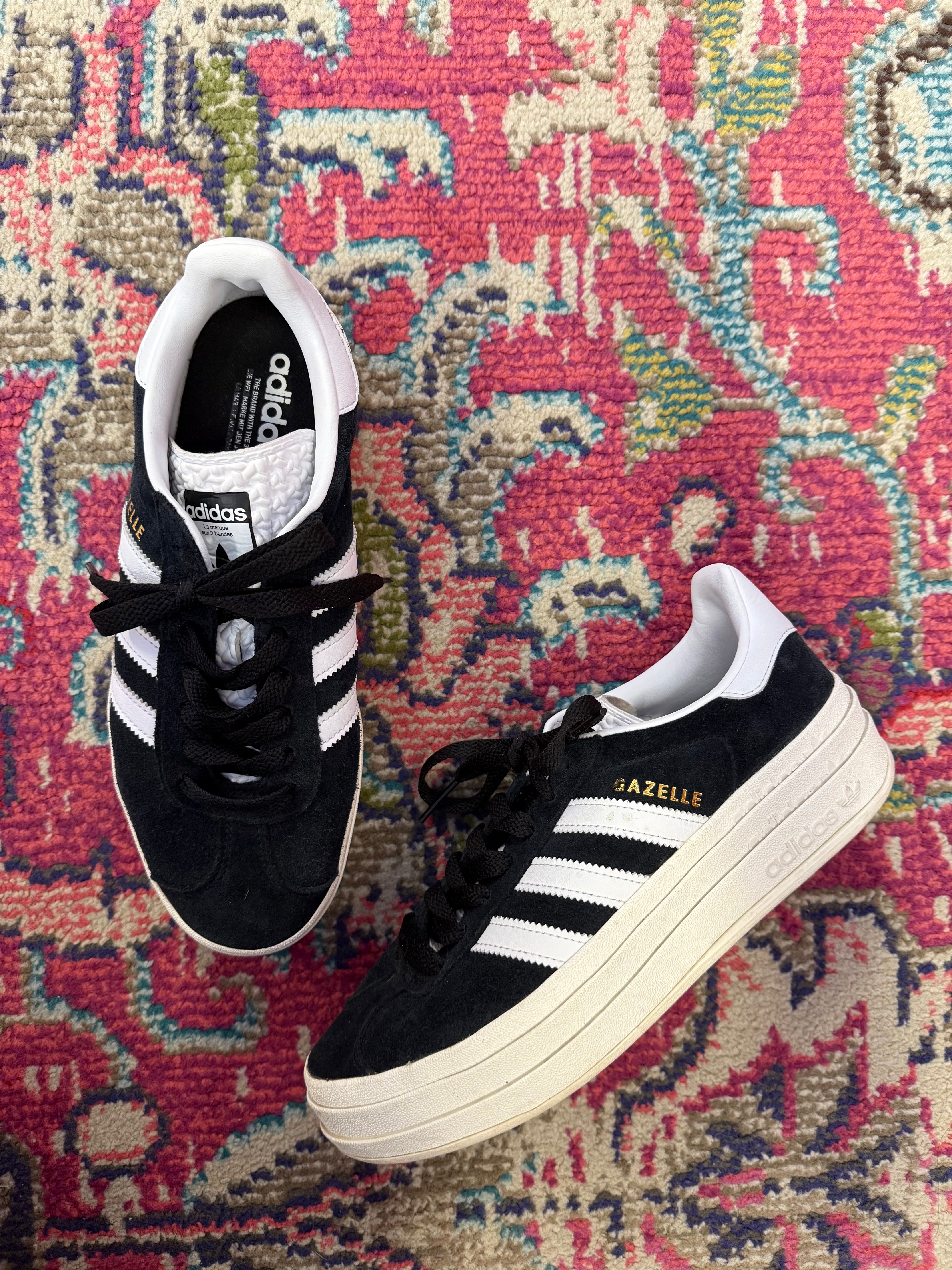 black adidas platform gazelle sneakers, 9.5