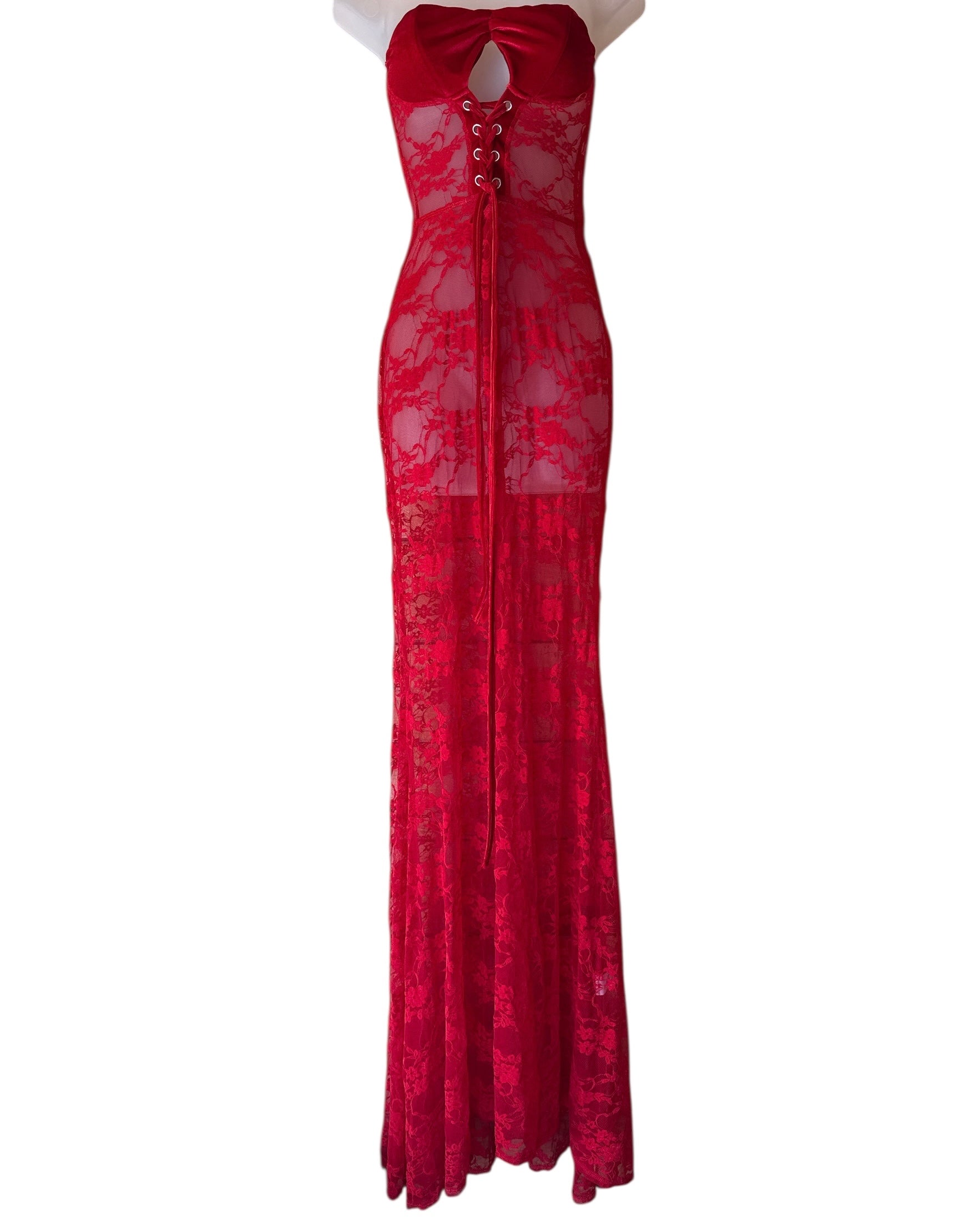 Red Lace strapless maxi dress, L