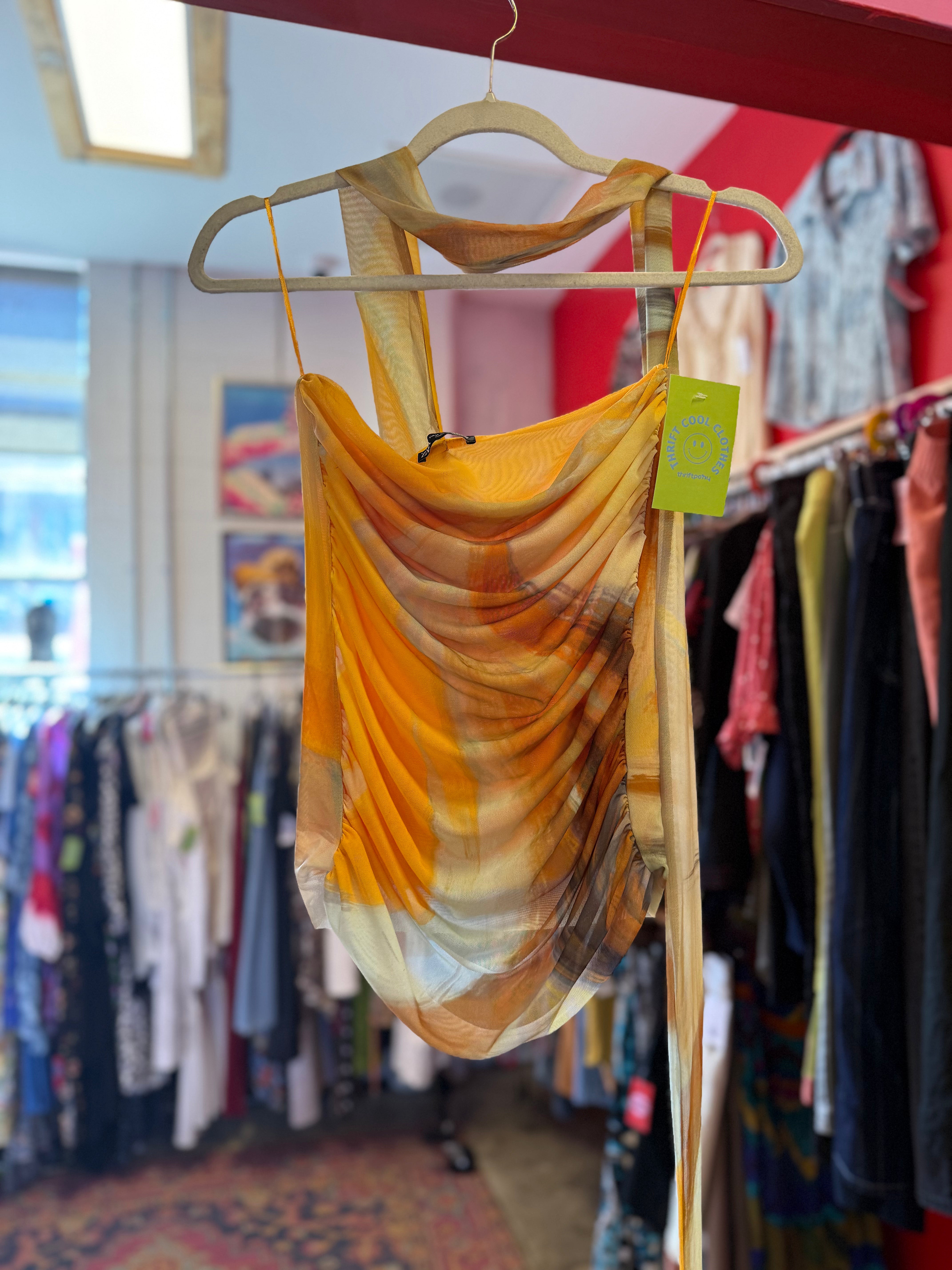 orange zara mesh strapless watercolor scarf top, m