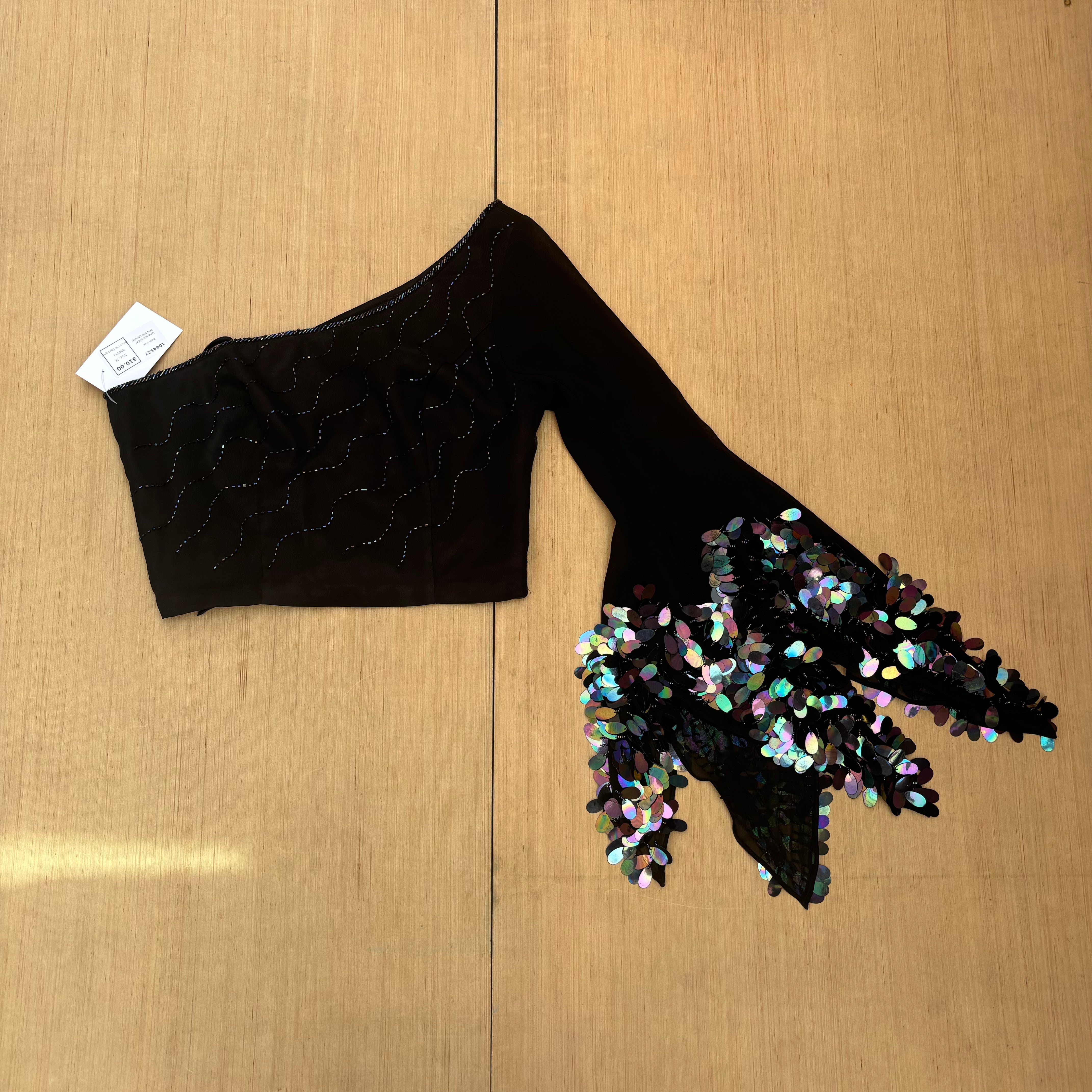 Black blue One shoulder beaded blouse, M