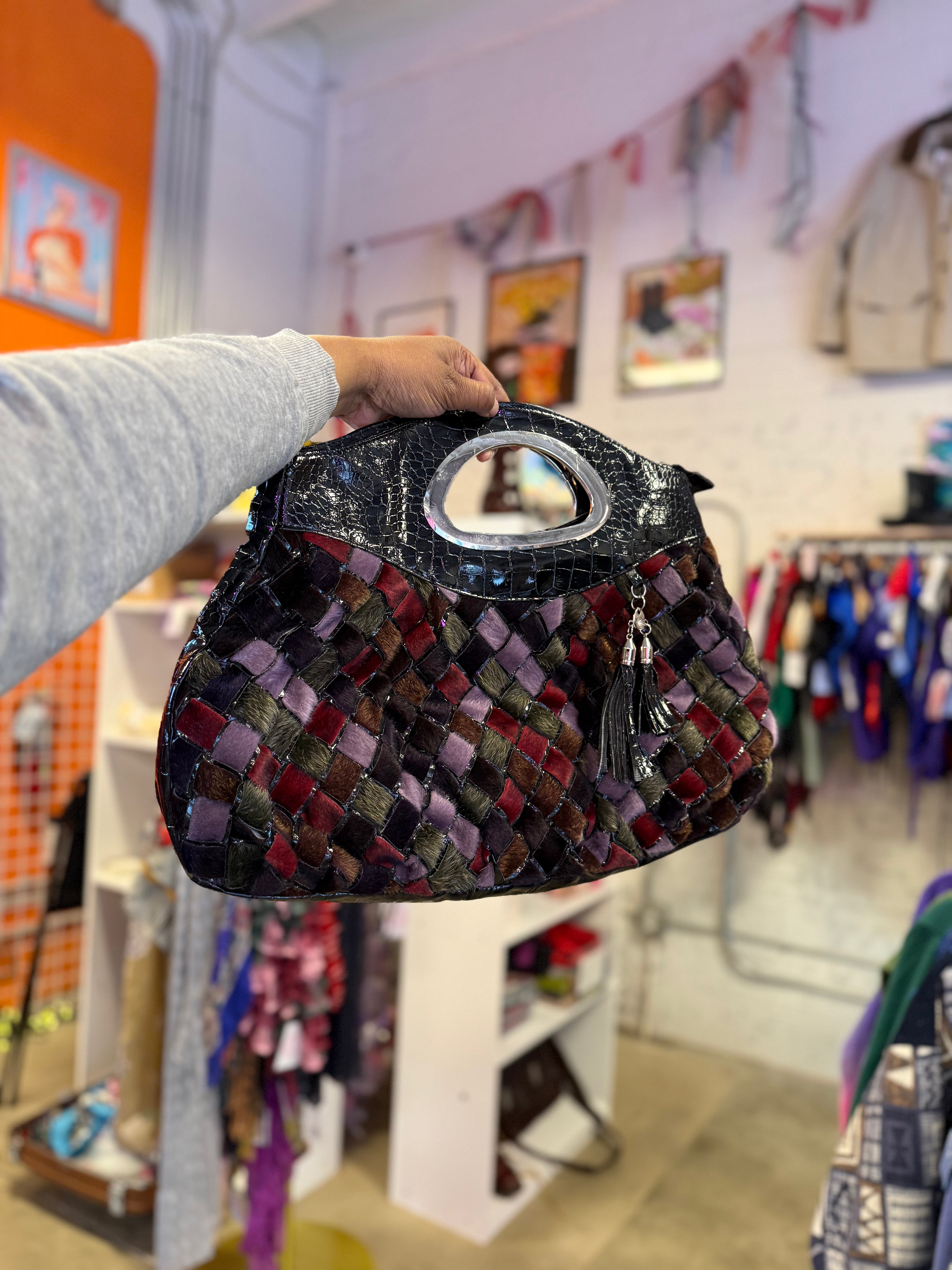 black purple green funky faux fur handbag