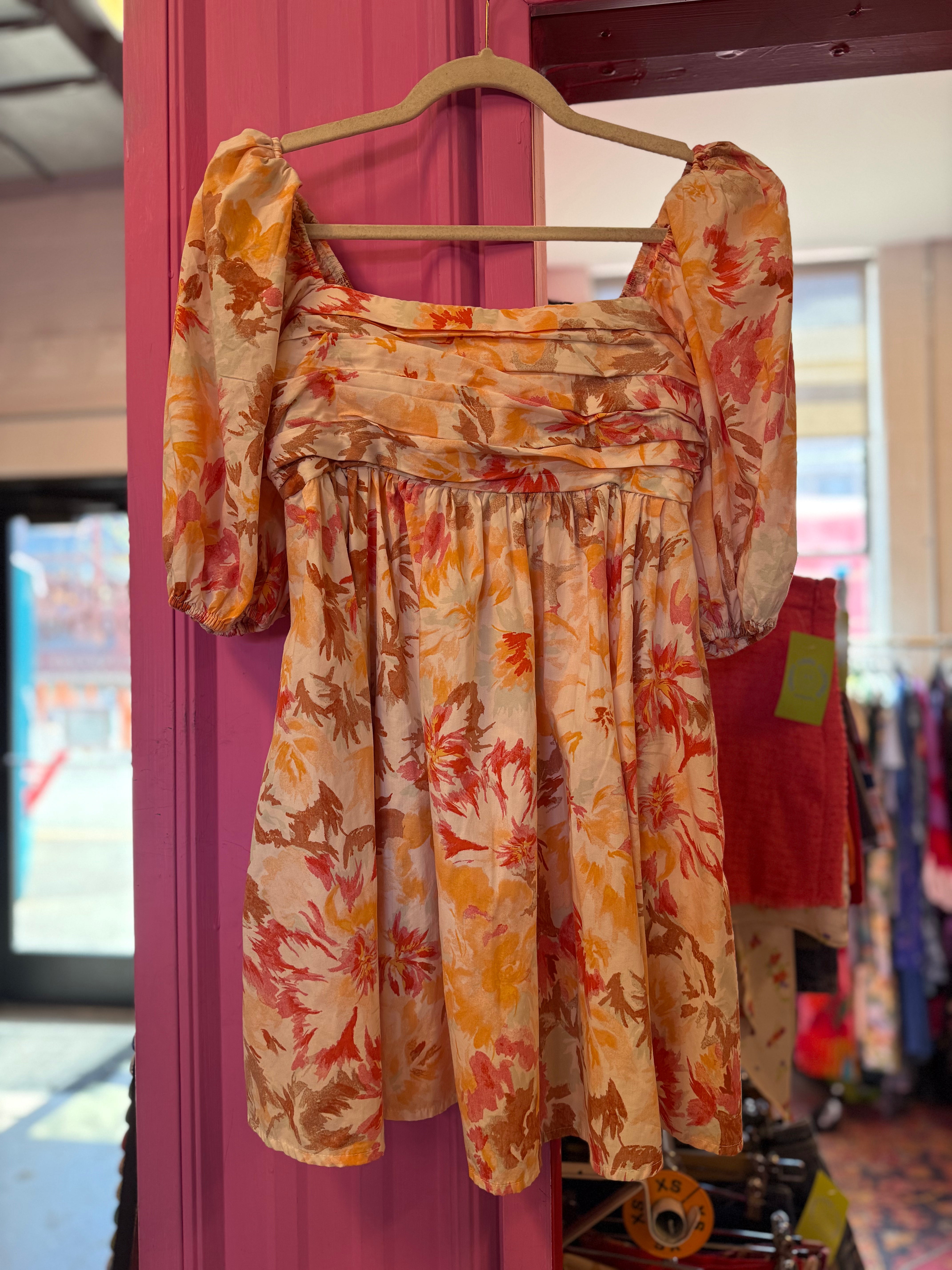 orange red cream abercrombie floral babydoll dress, sp