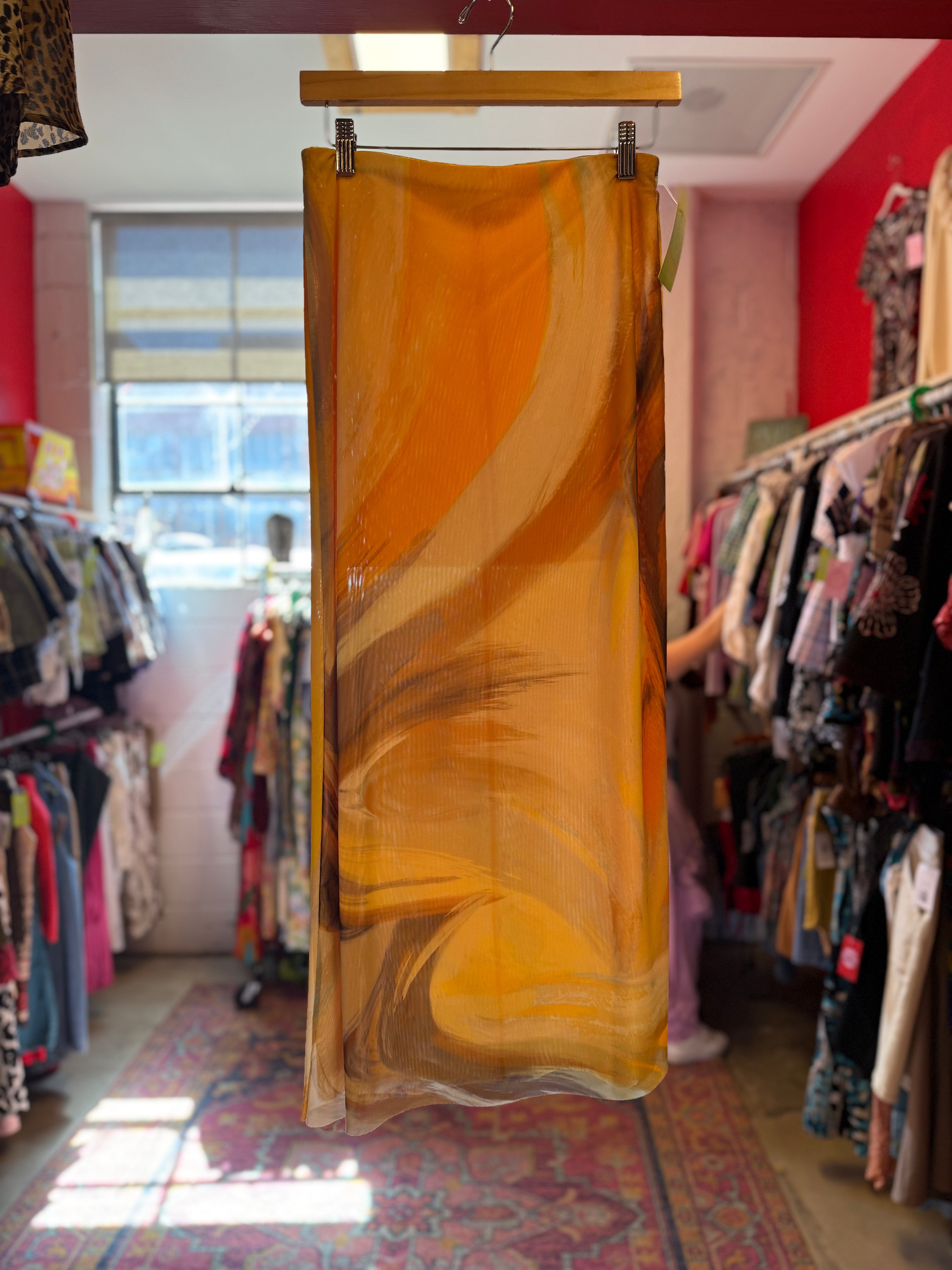 orange zara watercolor mesh skirt, m