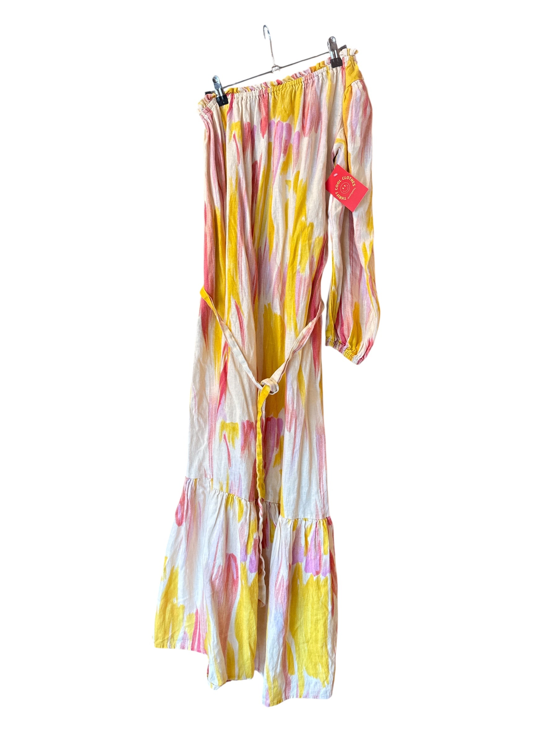 yellow pink white little lies watercolor one shoulder ls maxi dress, xs