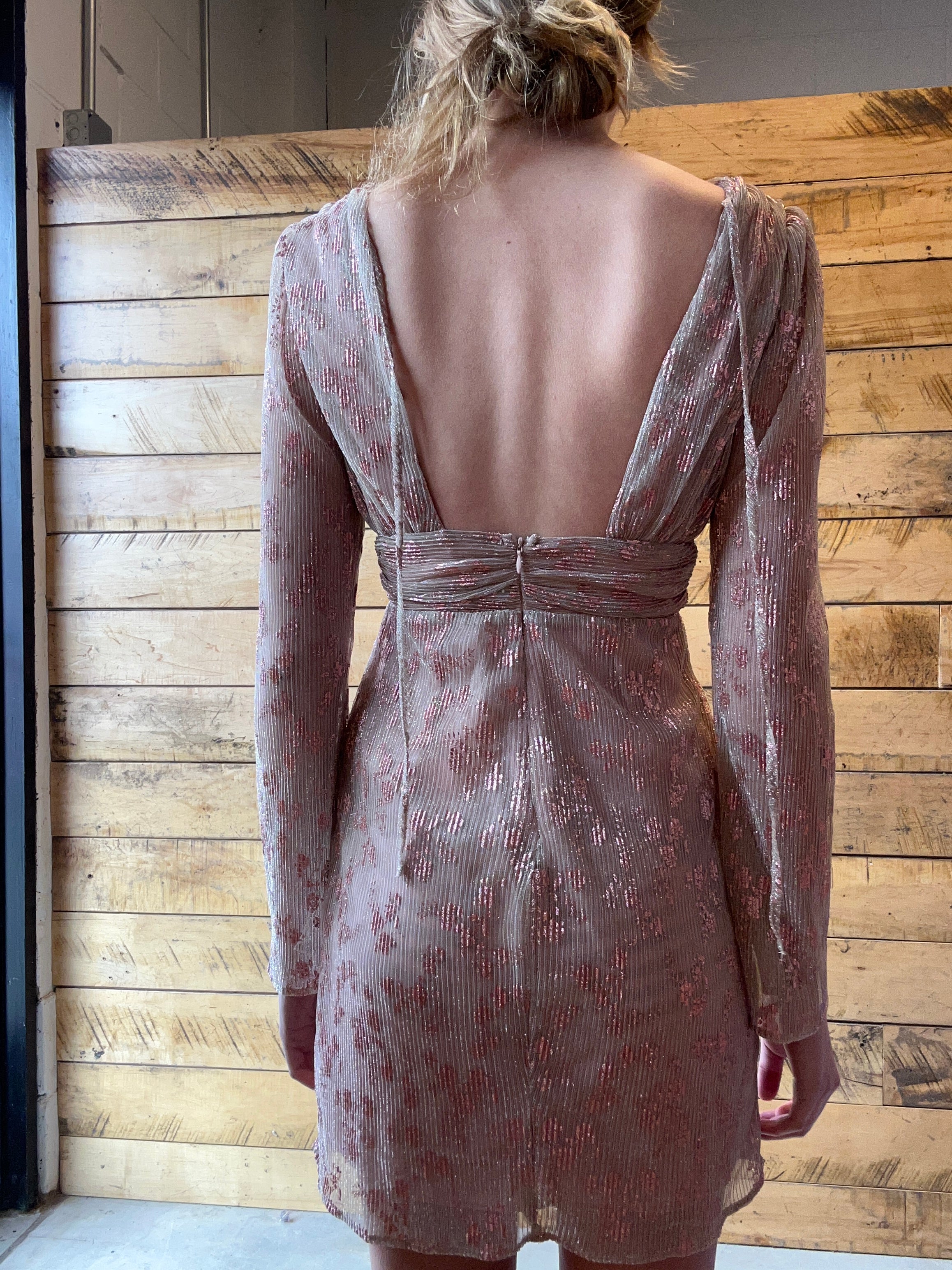 pink storia metallic long sleeve dress, S