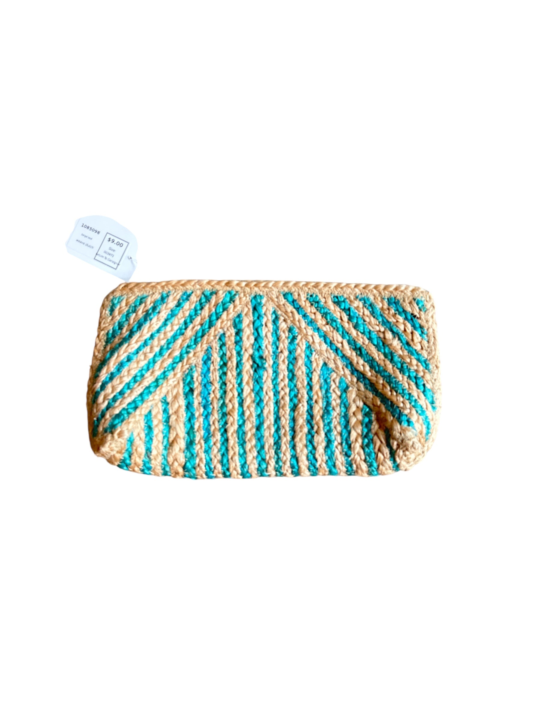 beige teal weave clutch