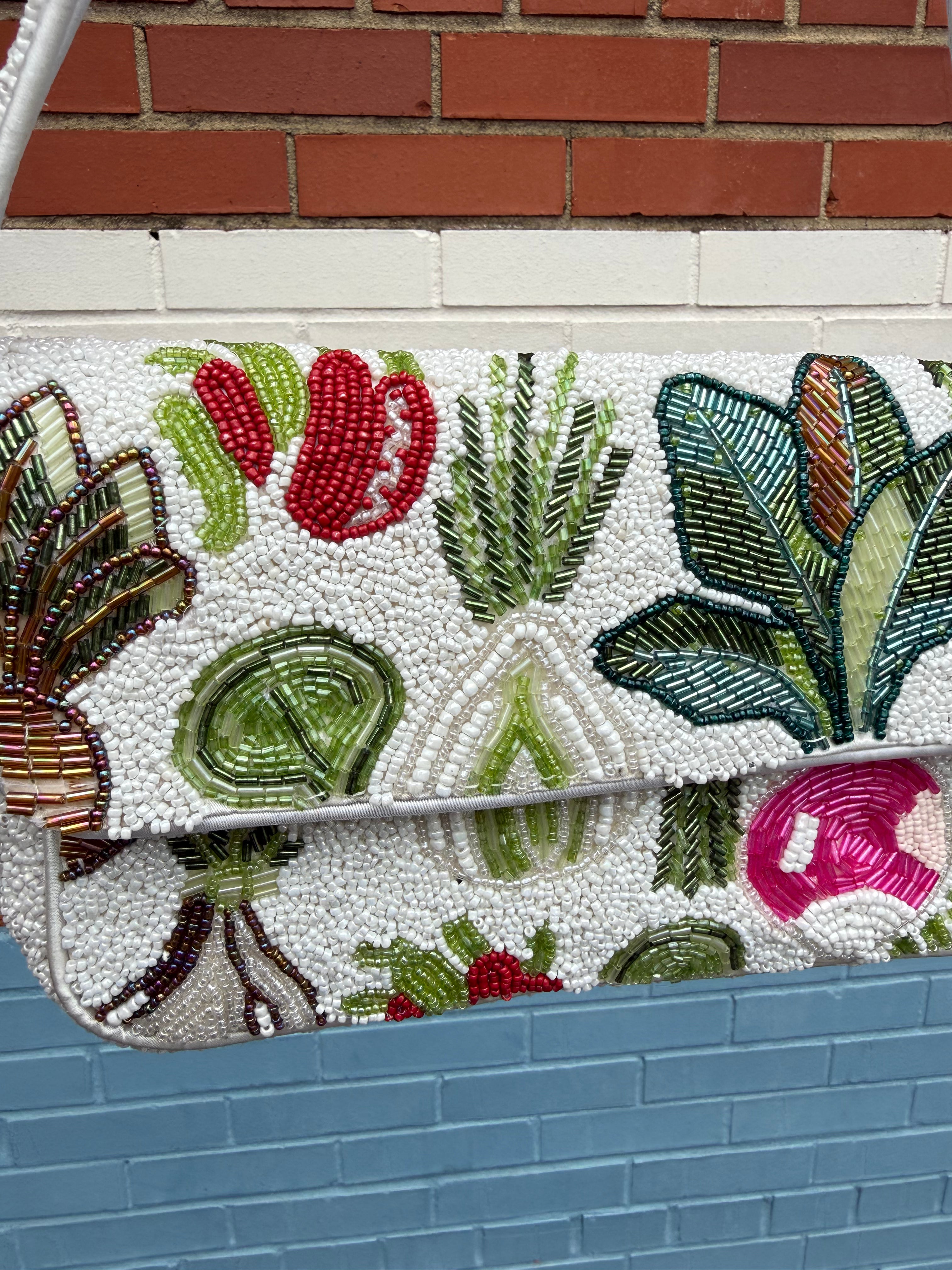 white green beaded lil bag
