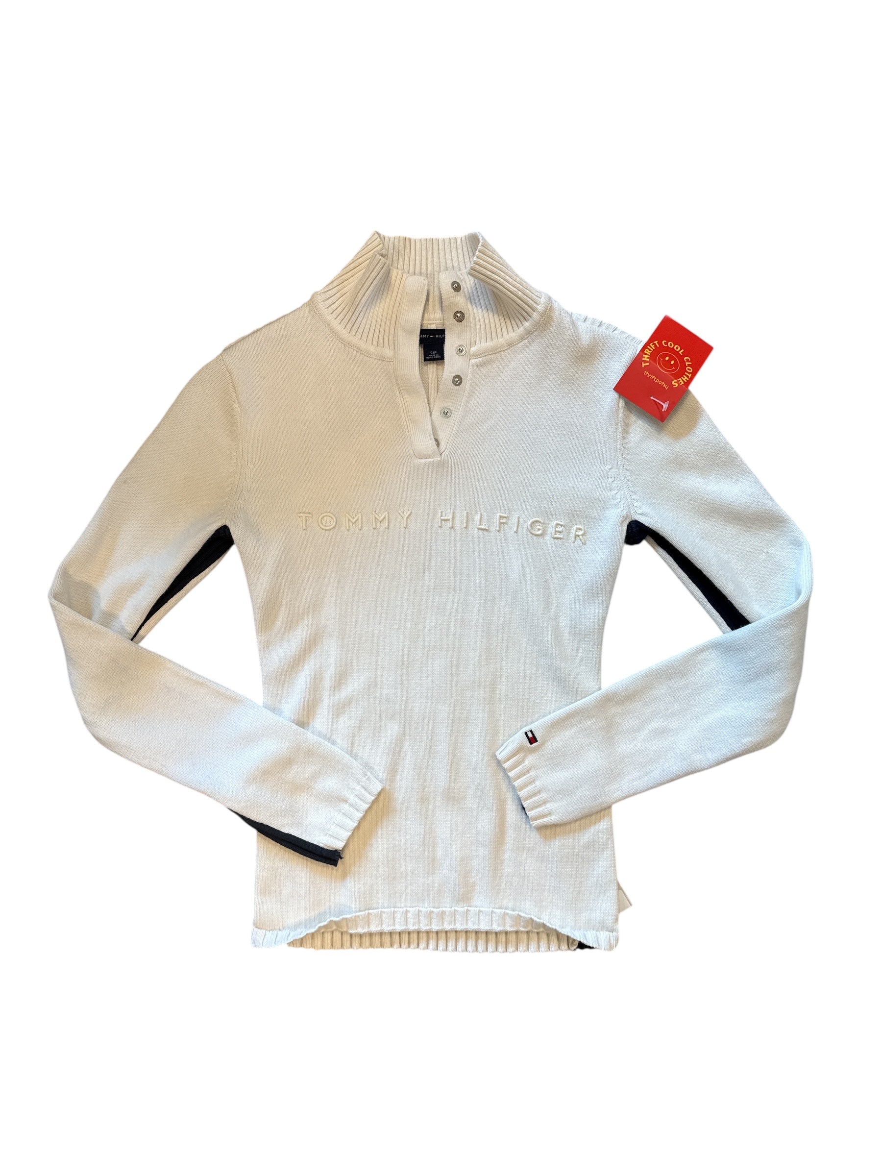 white blue tommy hilfiger embroidered ribbed zip sweater, s