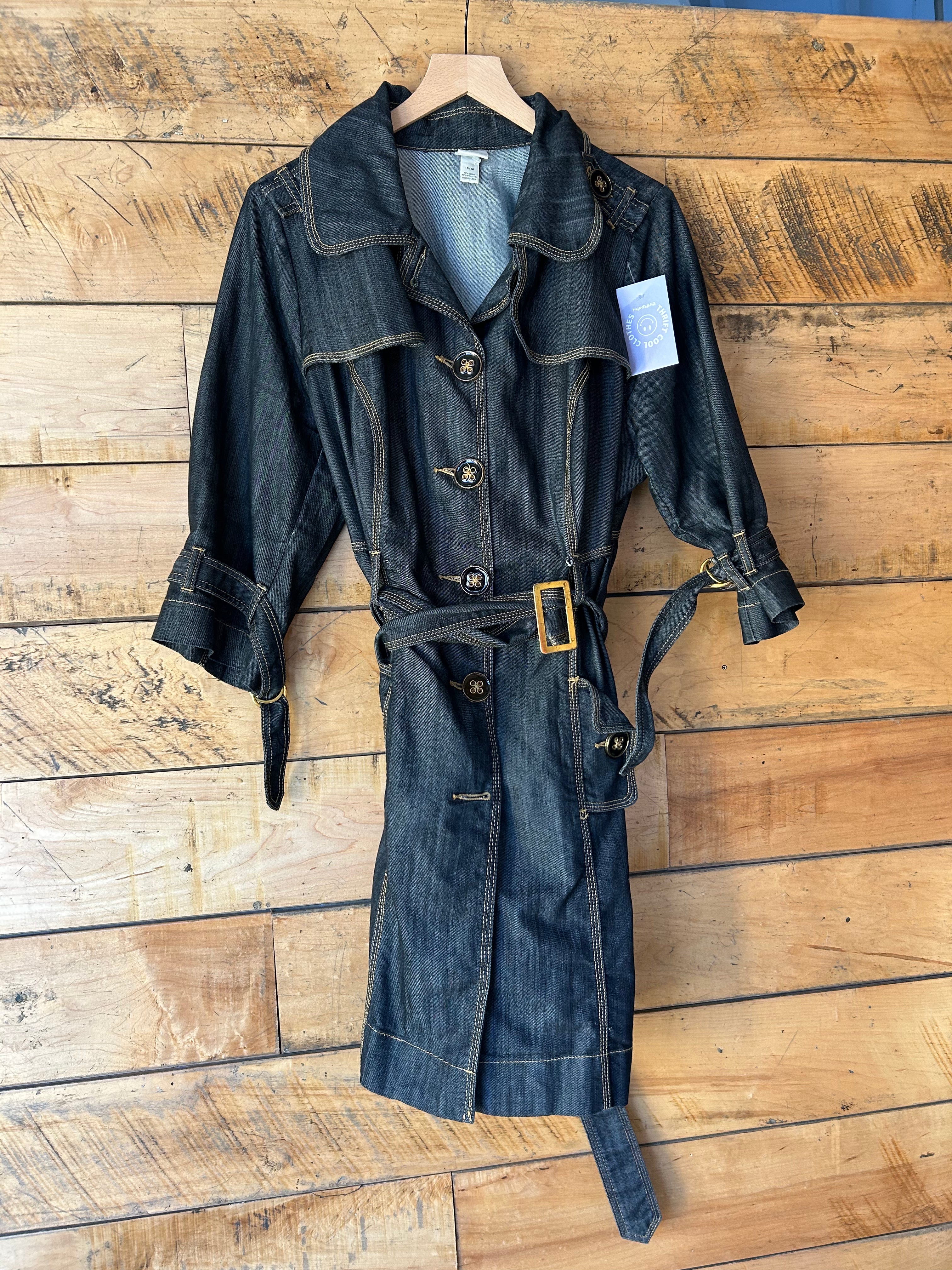 dark wash venezia denim long jacket w peterpan collar, 14/16