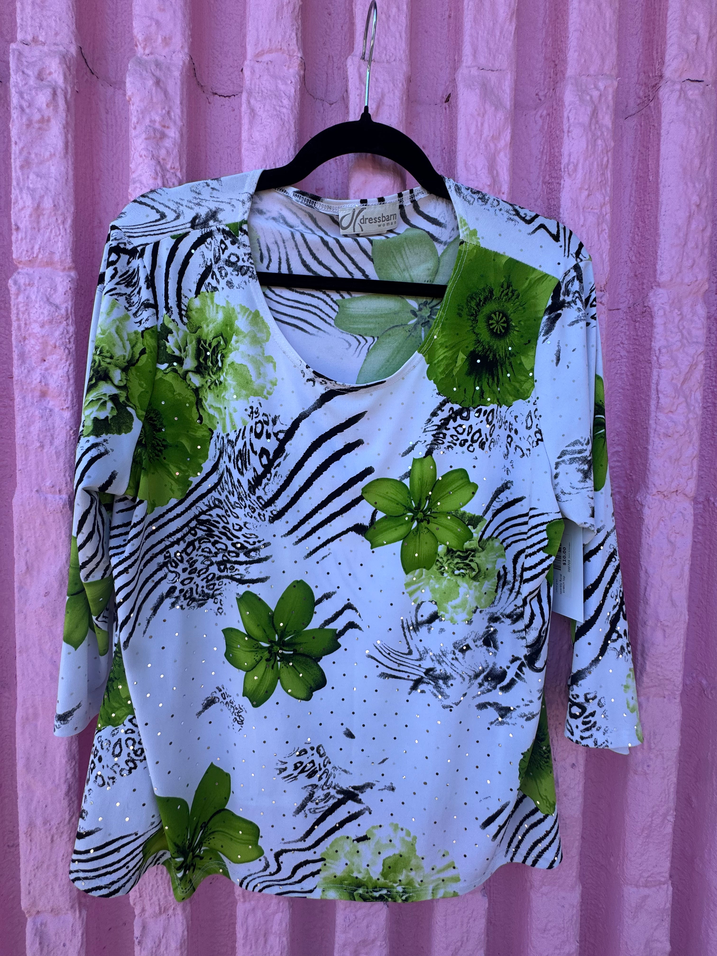 white green dressbarn sparkly floral stretch top, 1X