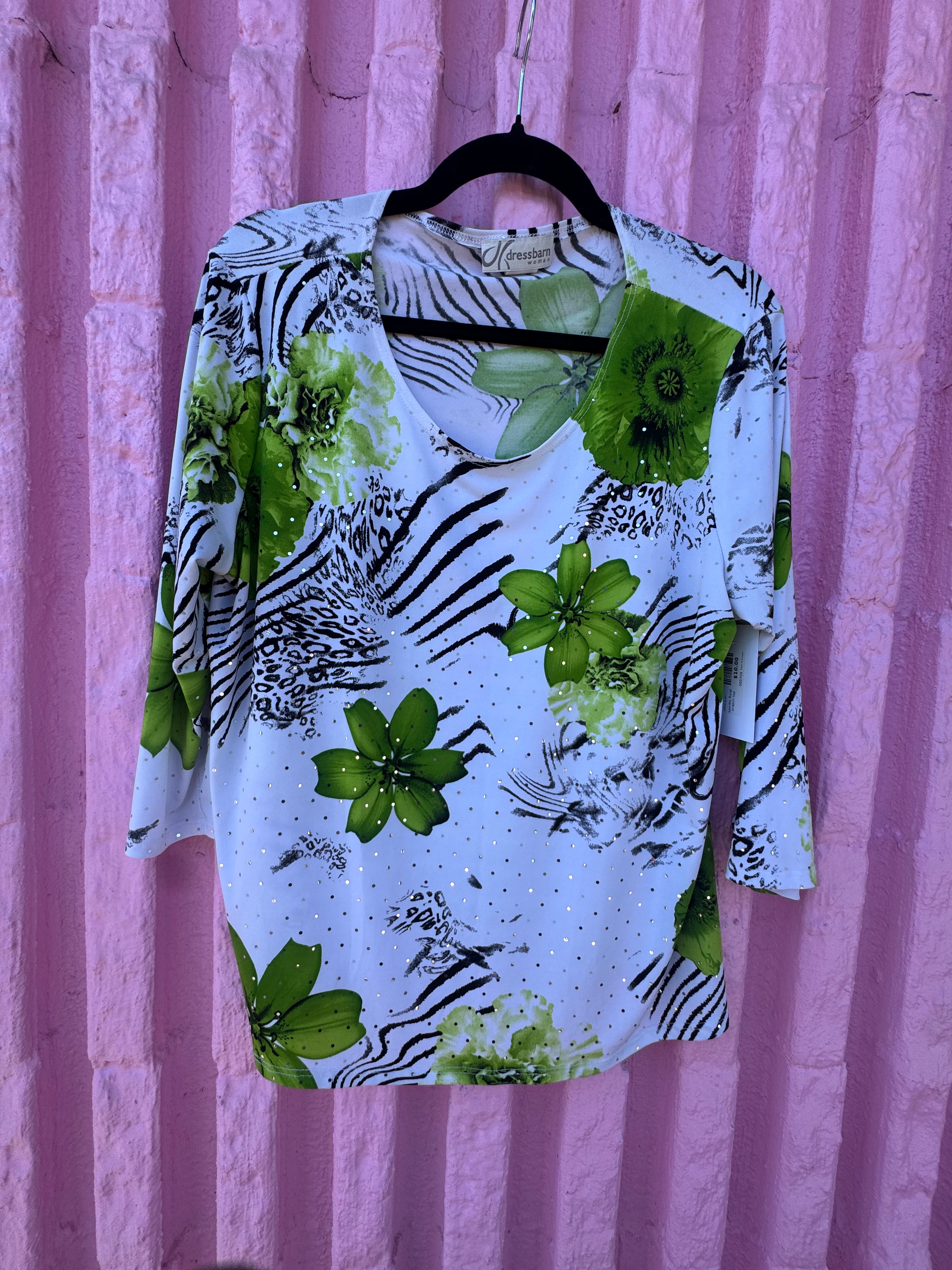 white green dressbarn sparkly floral stretch top, 1X