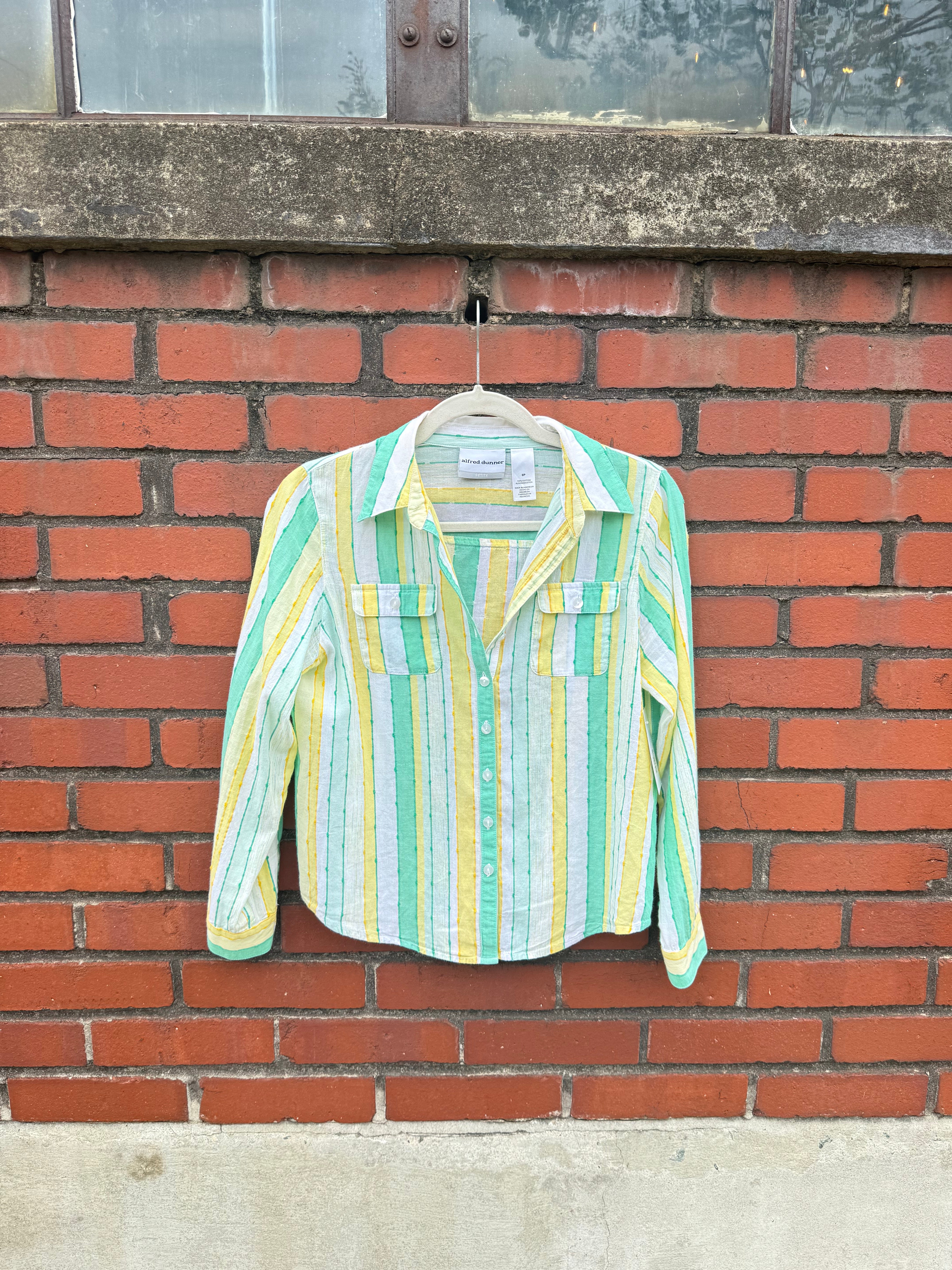 Green yellow white Alfred dunner Striped sheer button down ls, 6p