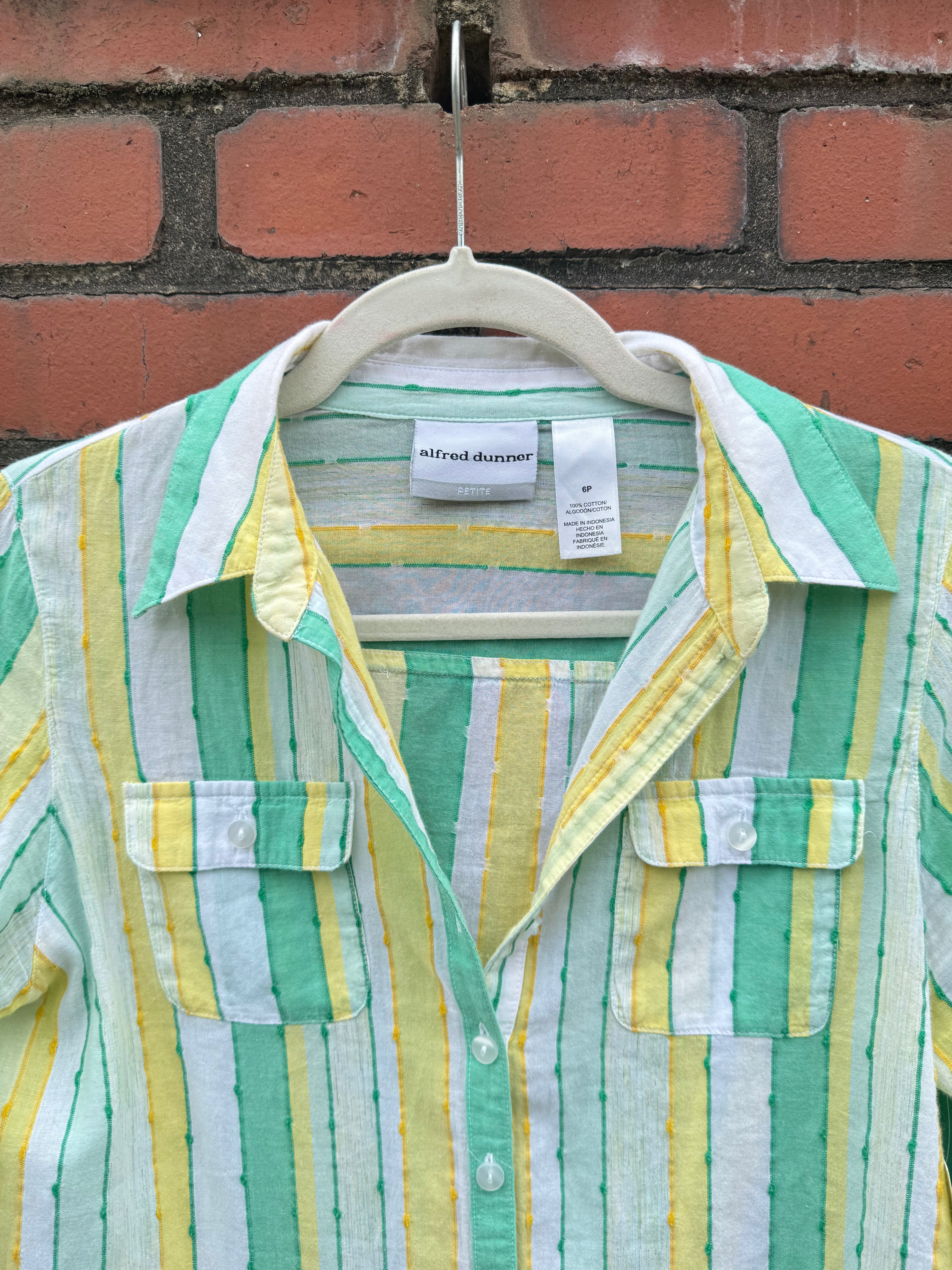 Green yellow white Alfred dunner Striped sheer button down ls, 6p