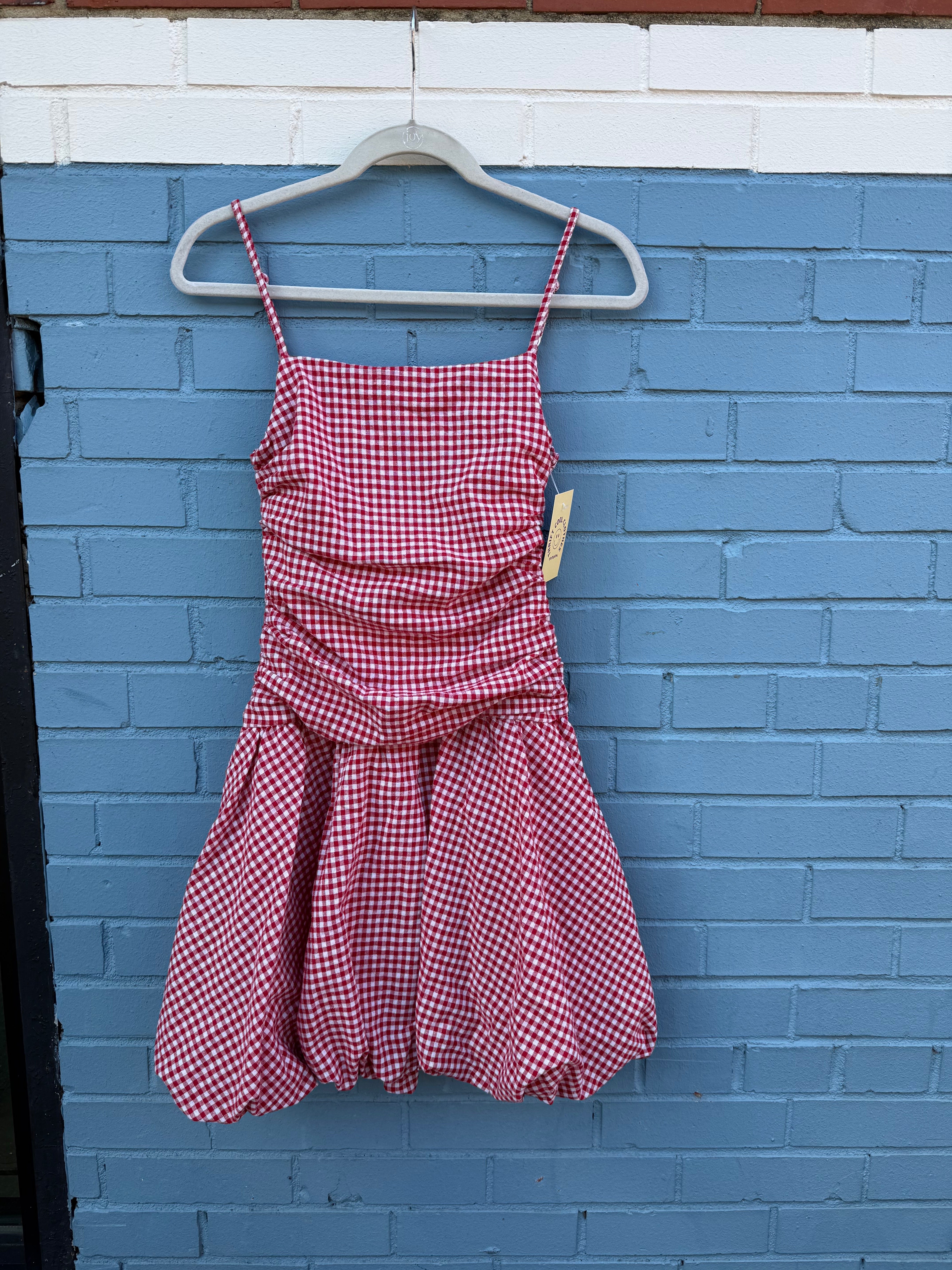 Red white Moon Orchid Gingham bubble dress, xs