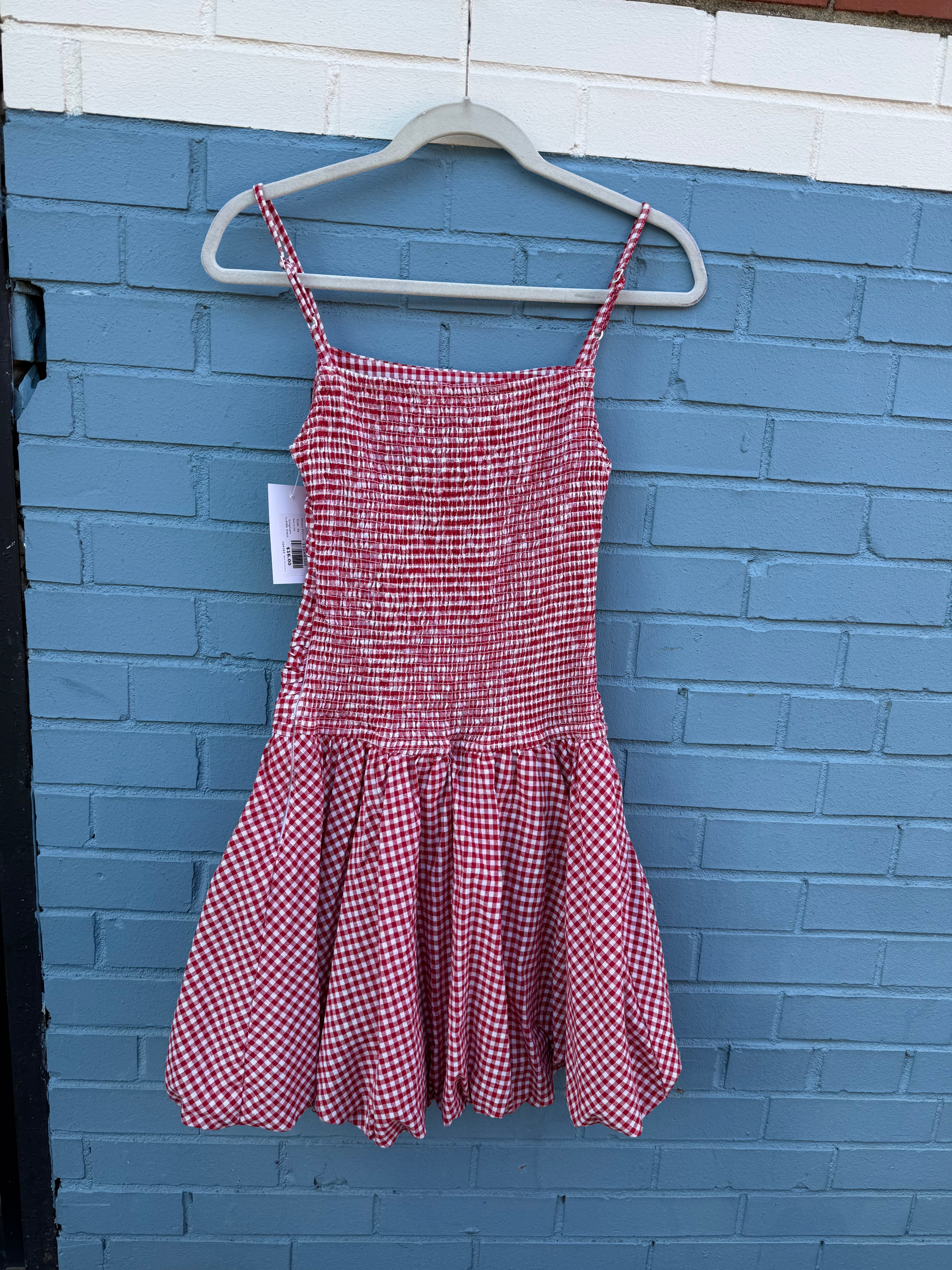 Red white Moon Orchid Gingham bubble dress, xs