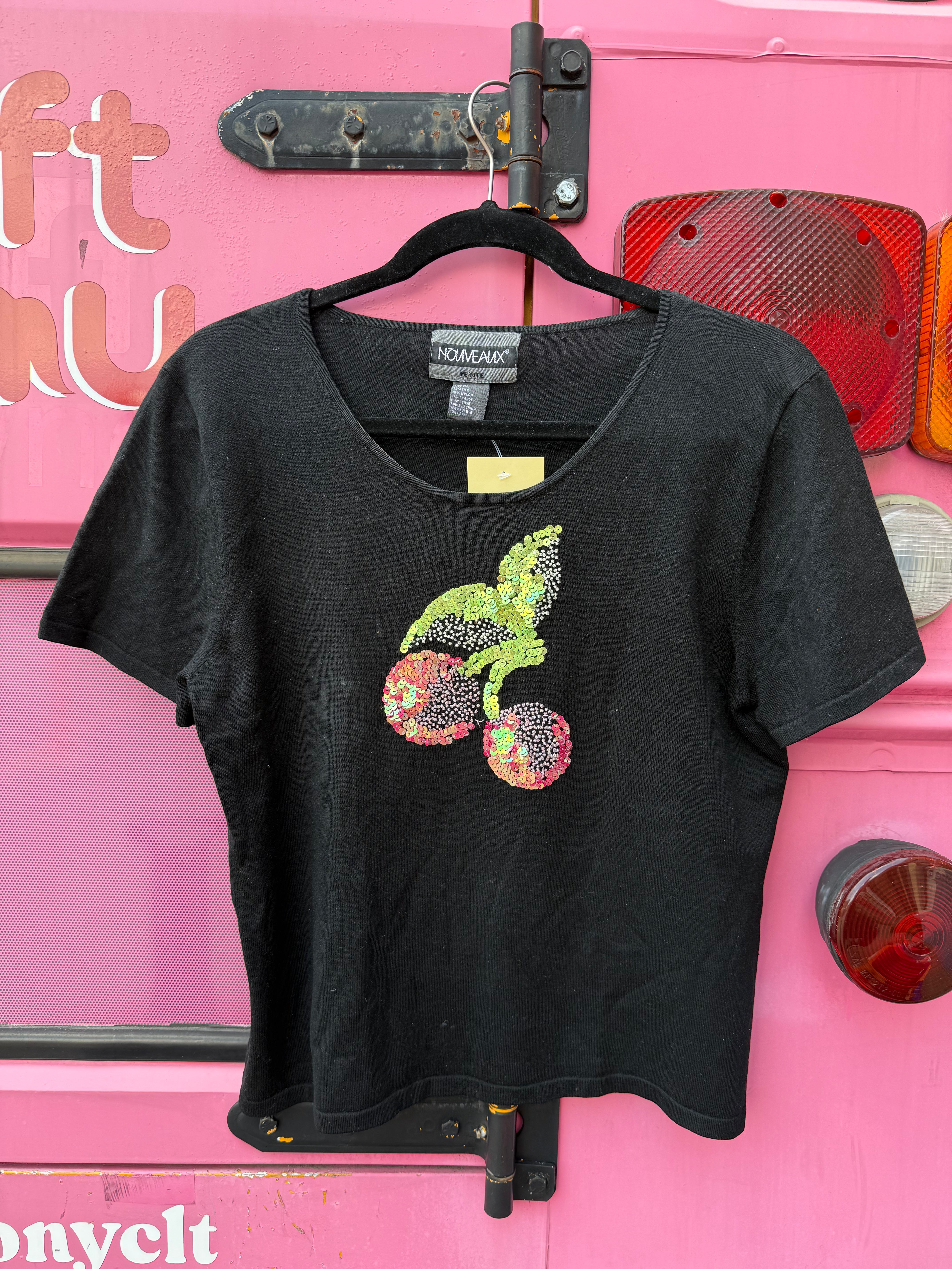 black green nouveaux sequin cherry top, PL