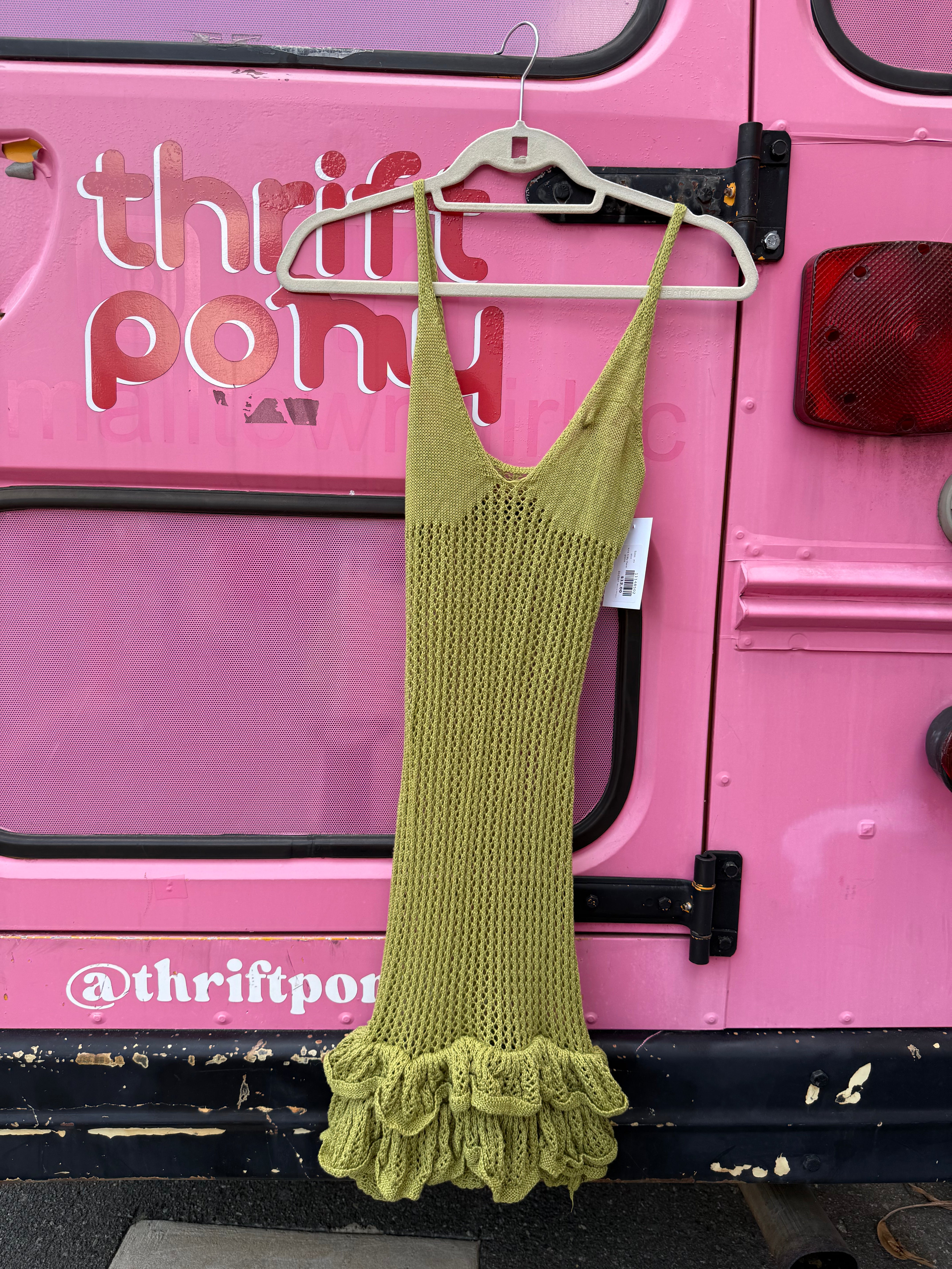 olive knit frilly hem dress, xs