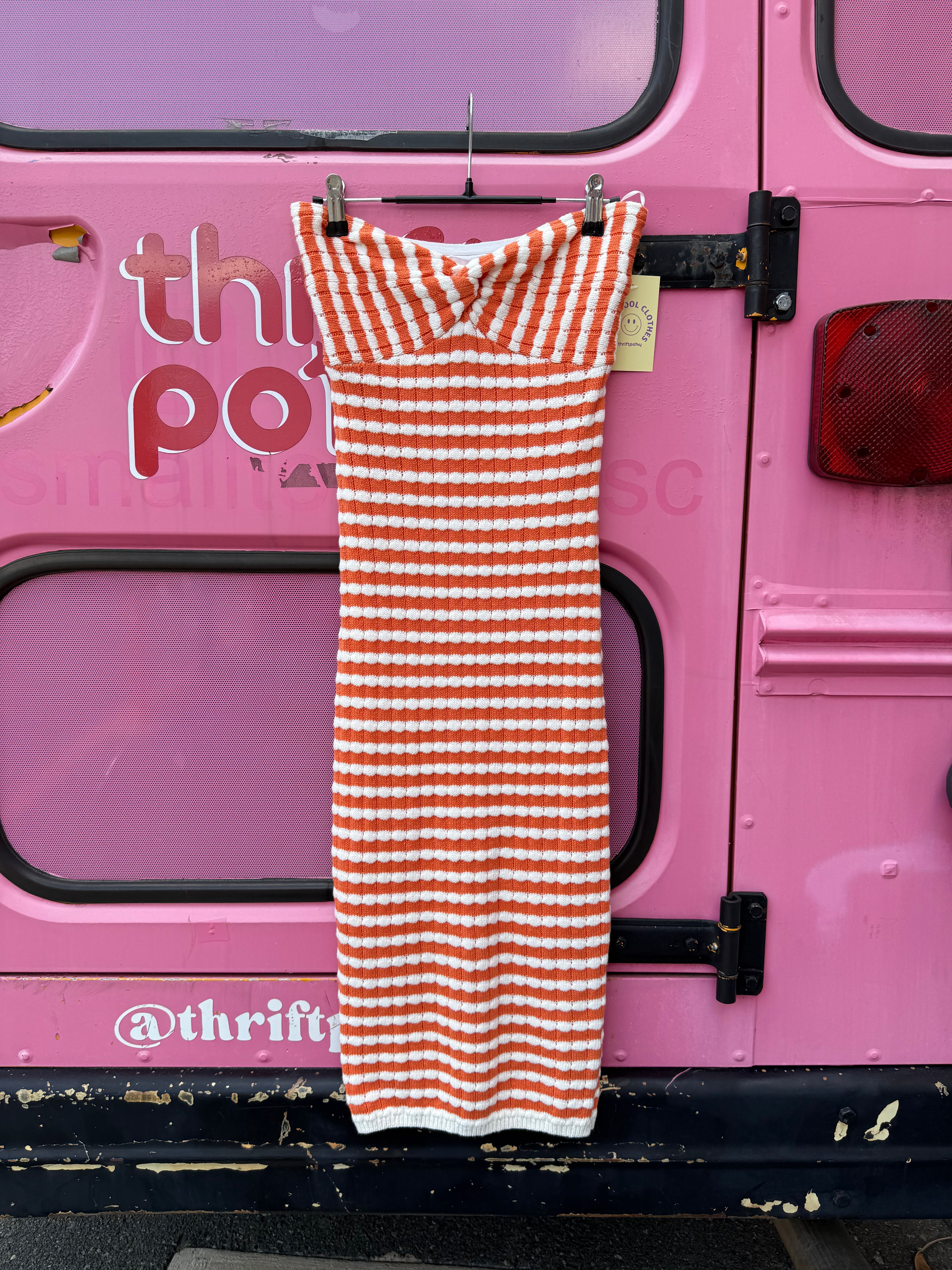 orange white willow & wind stripe strapless dress, s