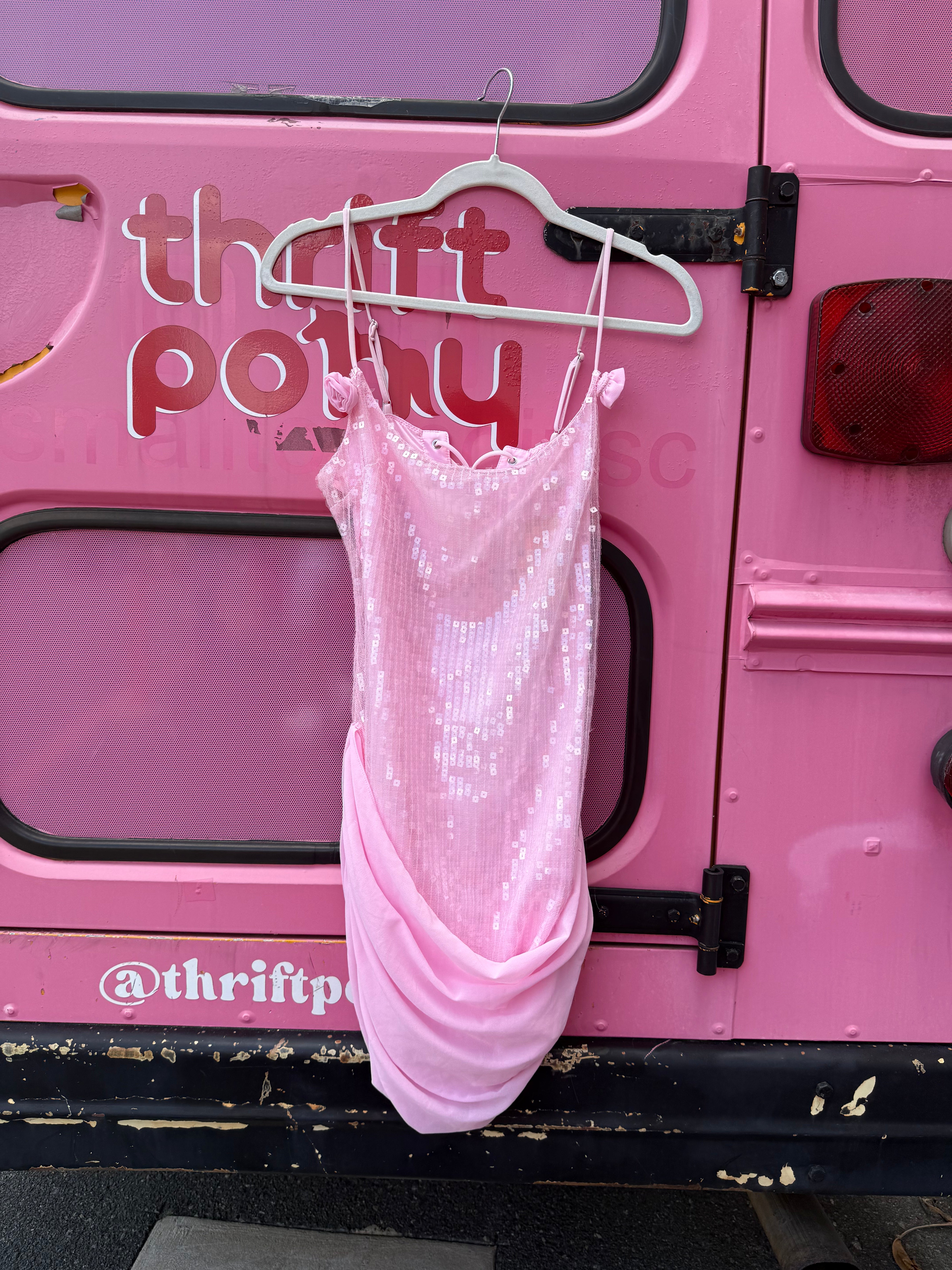 pink white fox sequin cami dress, L