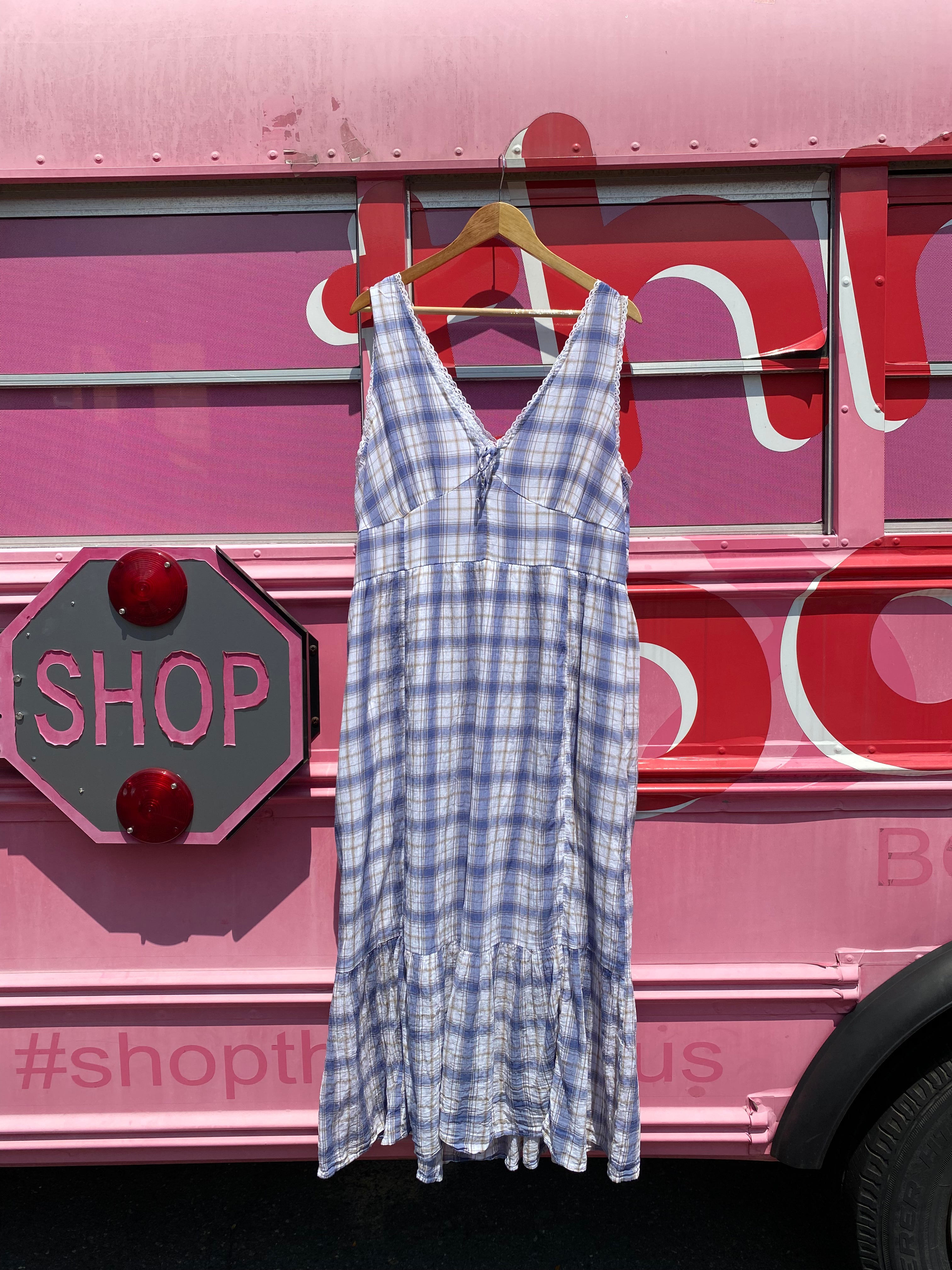 blue white american eagle plaid vneck tank maxi dress