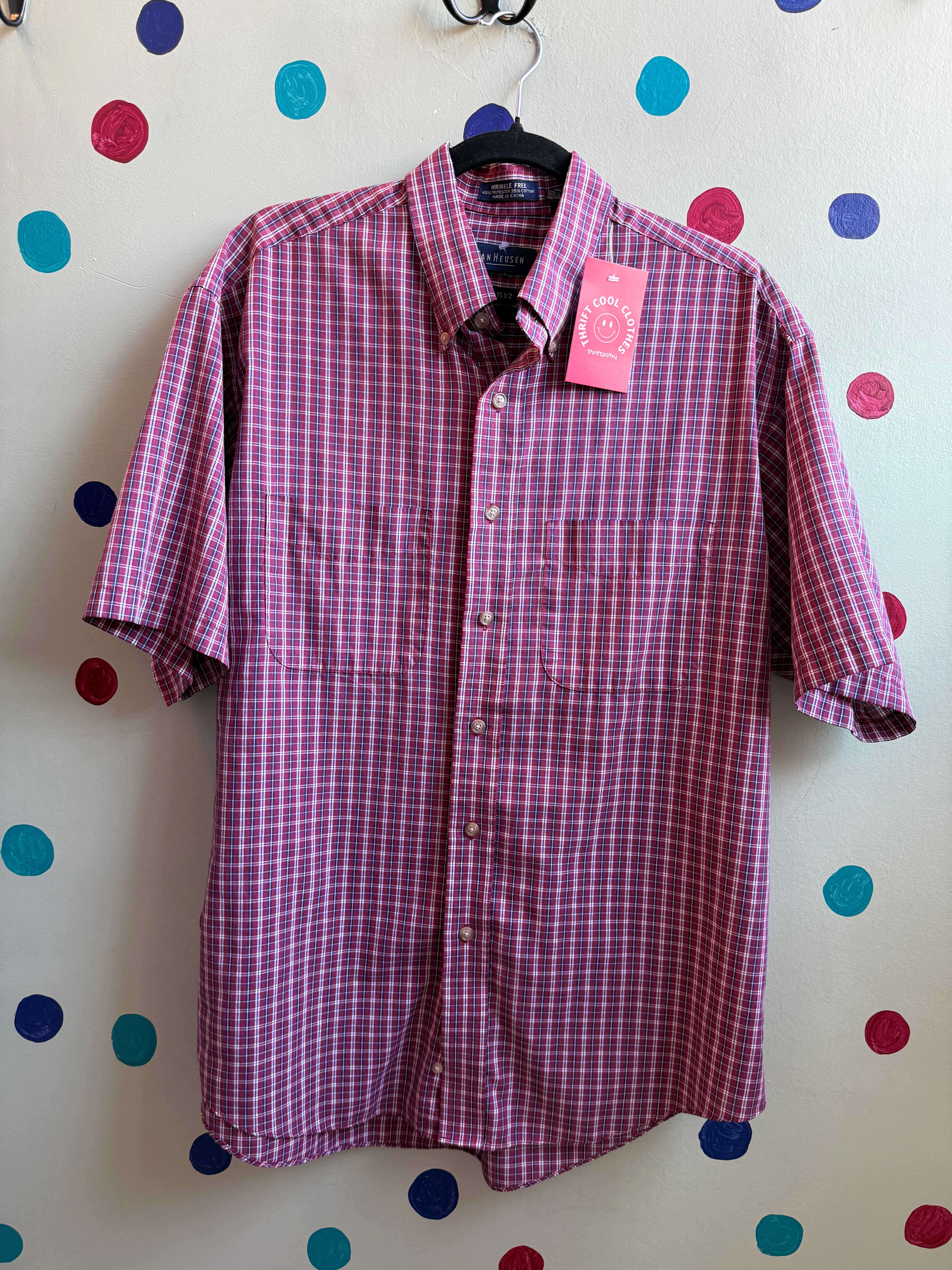 red blue van heusen plaid ss button down, m
