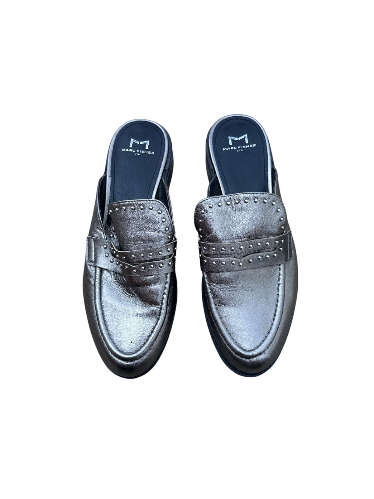 pewter marc fisher metalic loafers w studs, 7