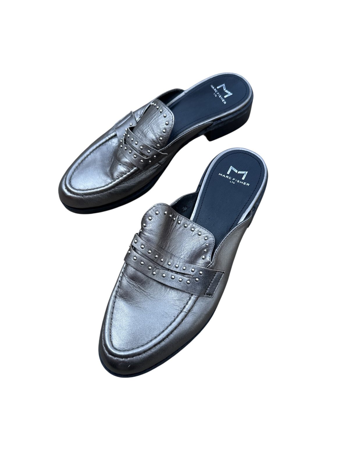 pewter marc fisher metalic loafers w studs, 7