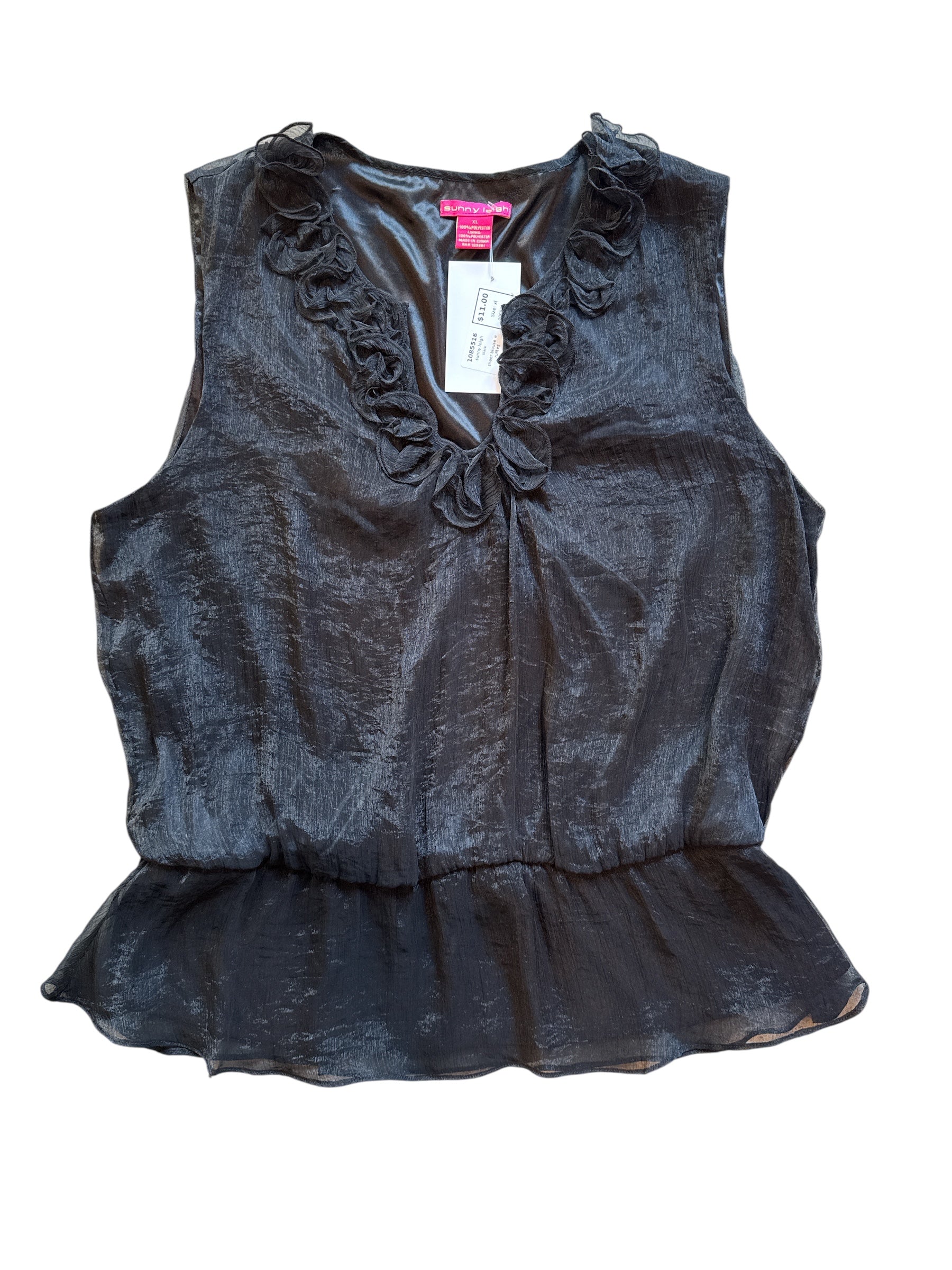 black sunny leigh sheer blouse w ruffles, xl