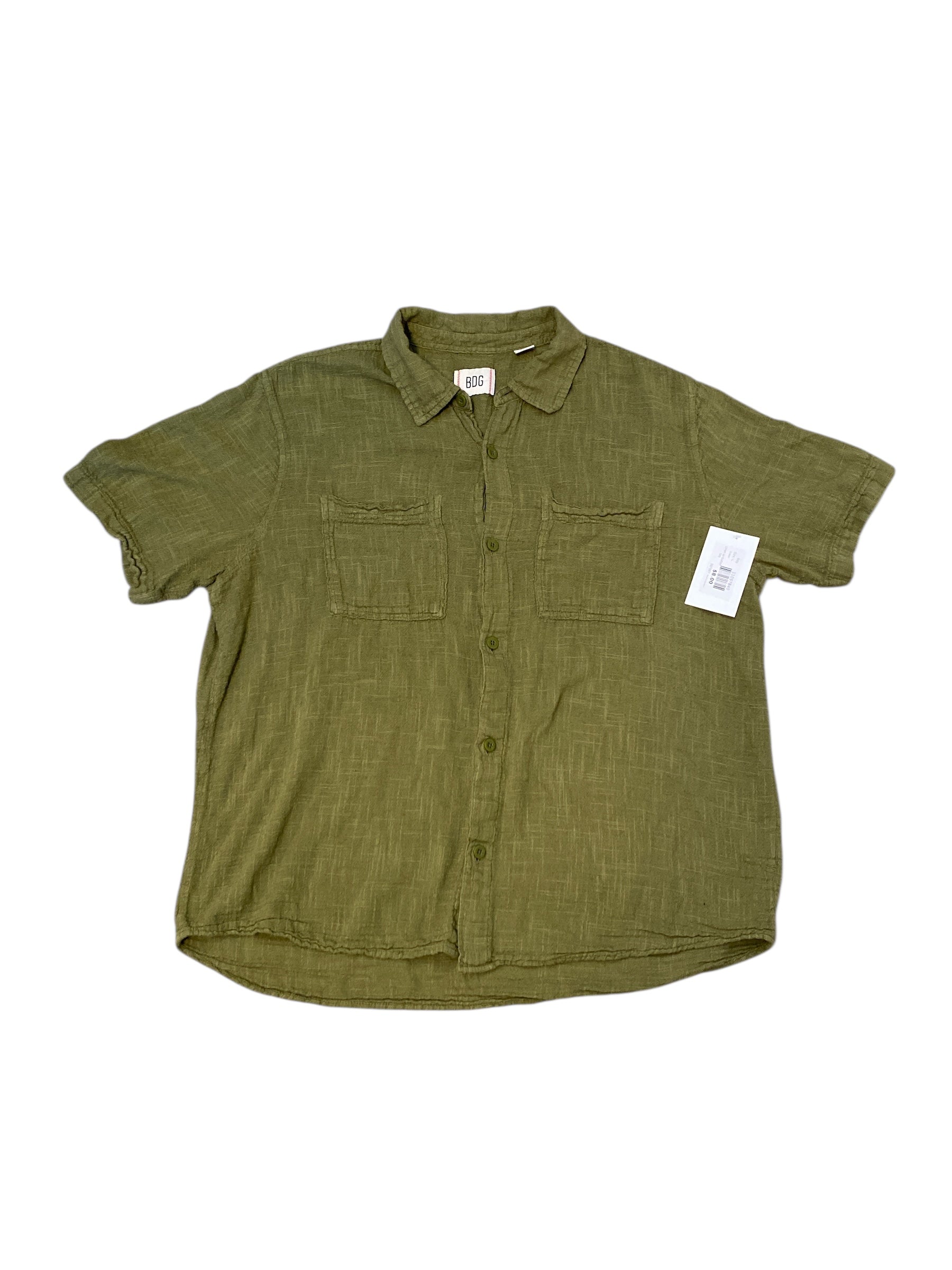 Green Bdg Linen ss button top, L