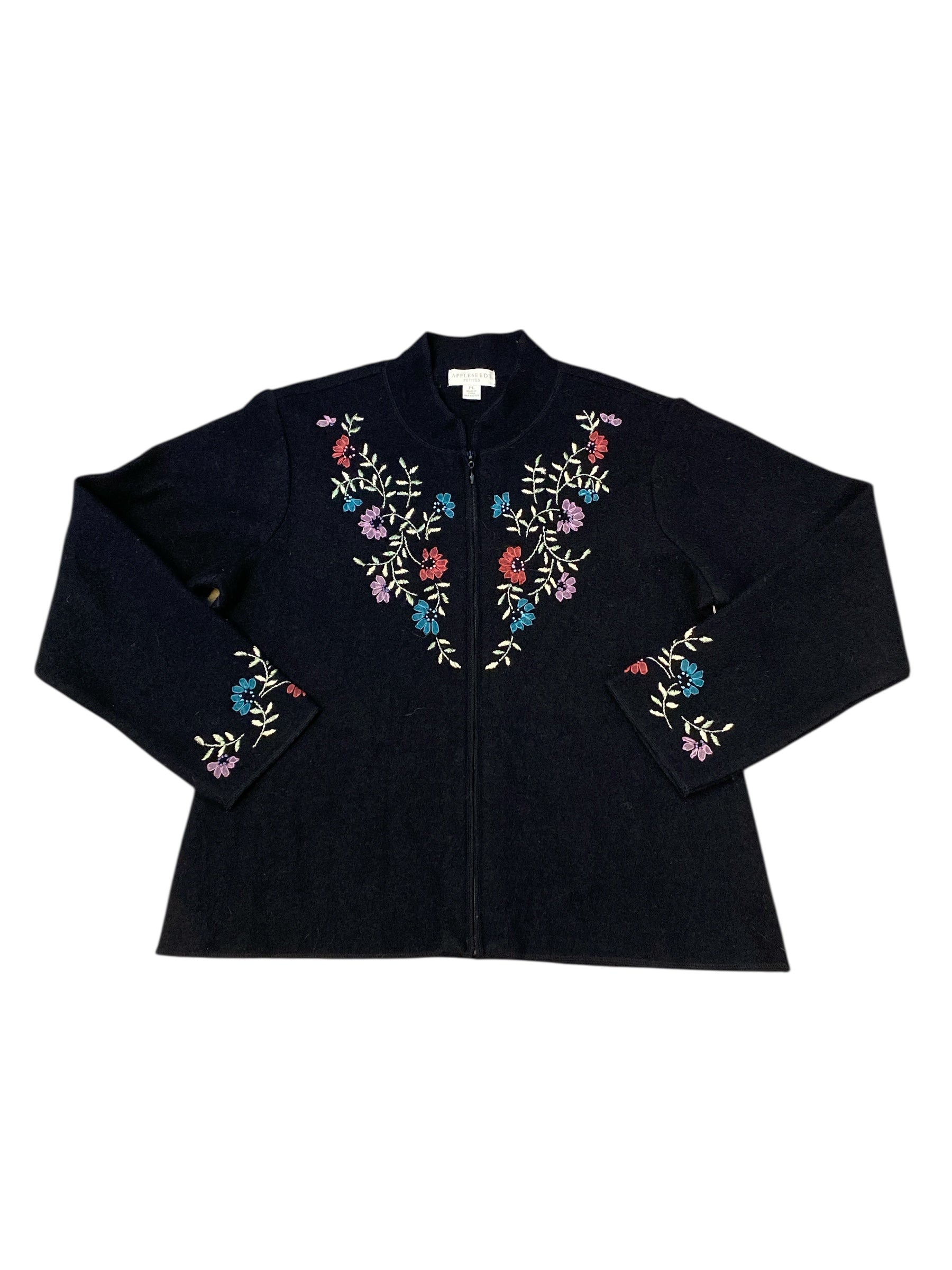 black appleseeds 100% wool embroidered floral zip sweater, L