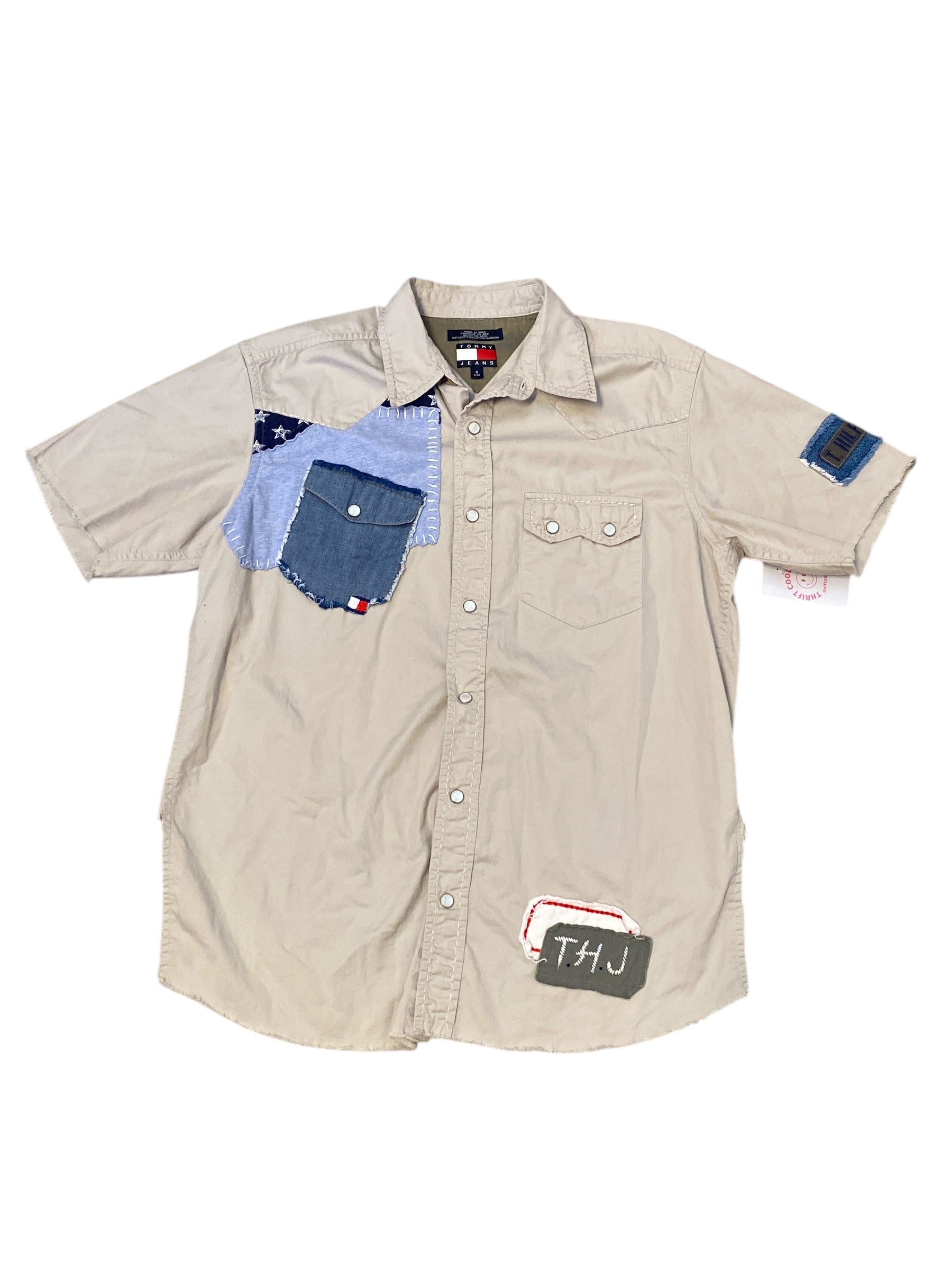 tan tommy hilfiger patchwork button down, s