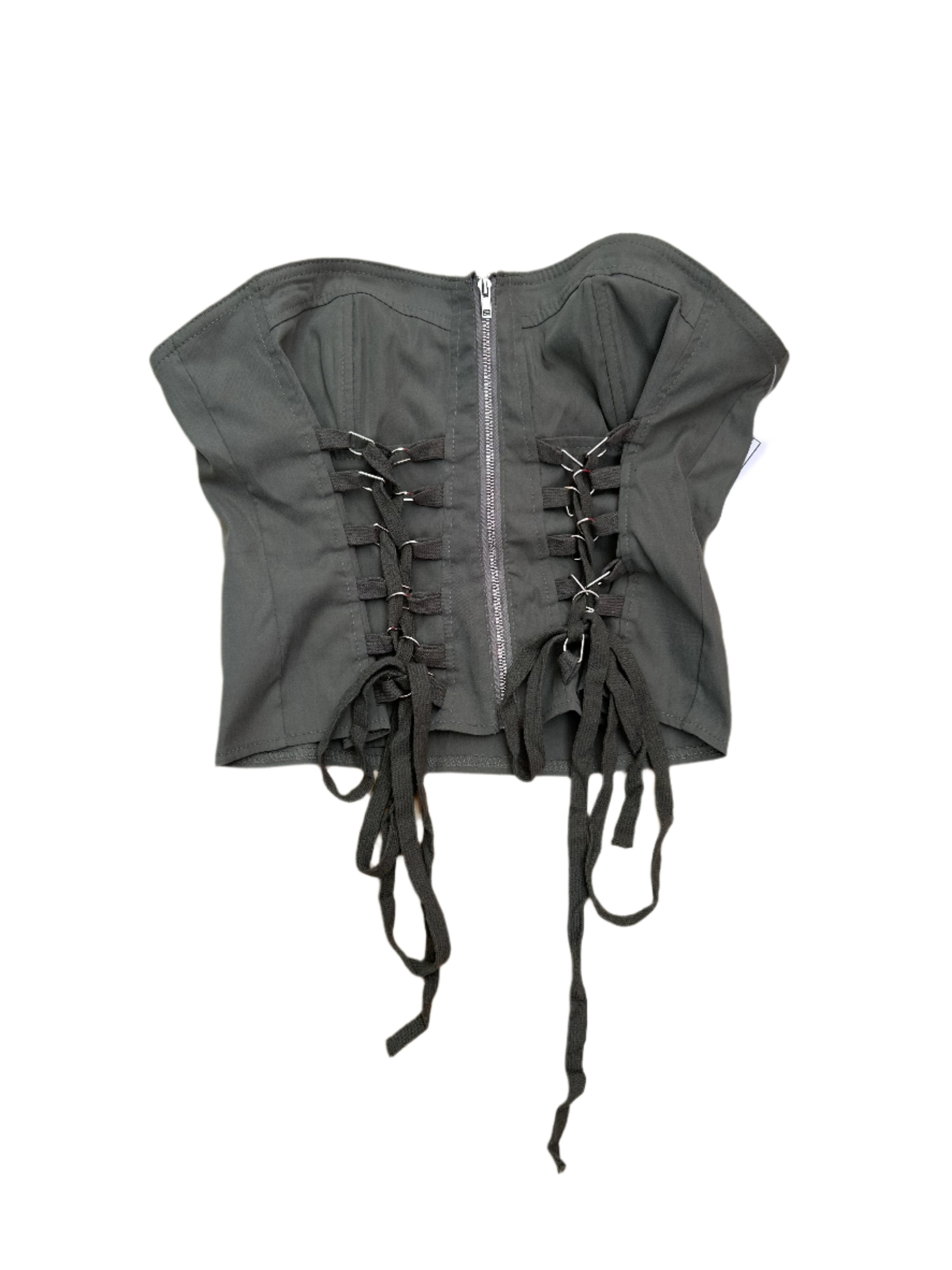 gray strapless lace up zip up top, L