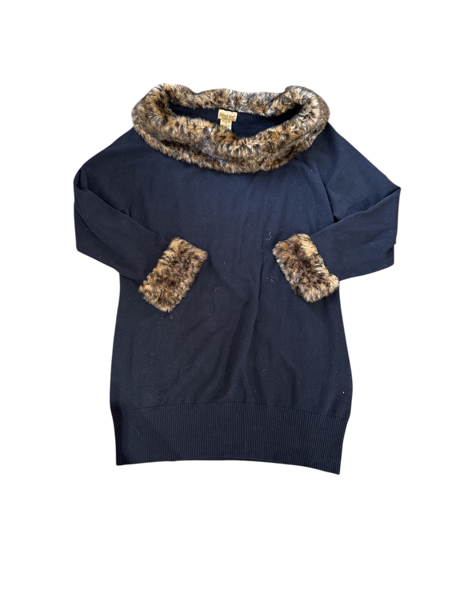 black brown midnight velvet womens sweater w fur collar, 3x