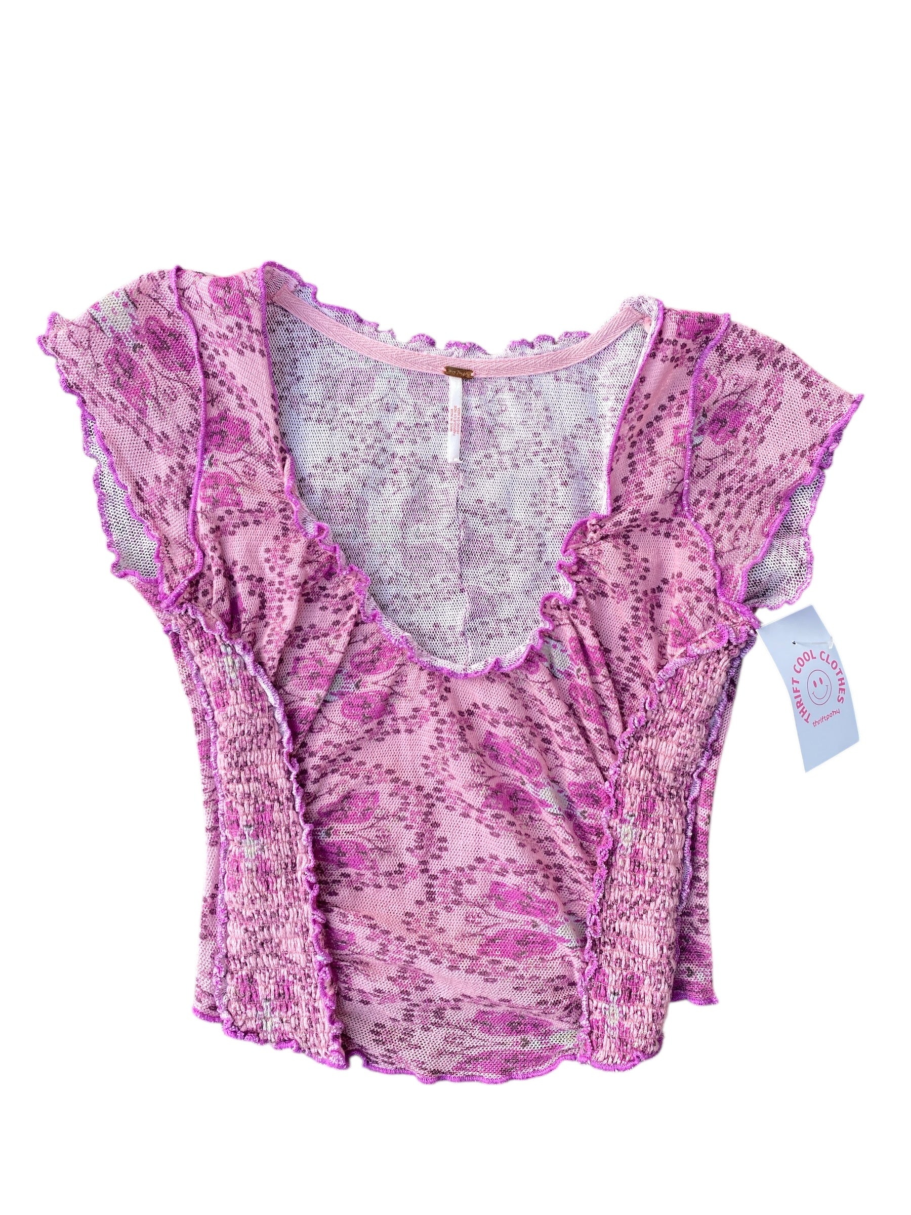 pink free people mesh floral top, xs