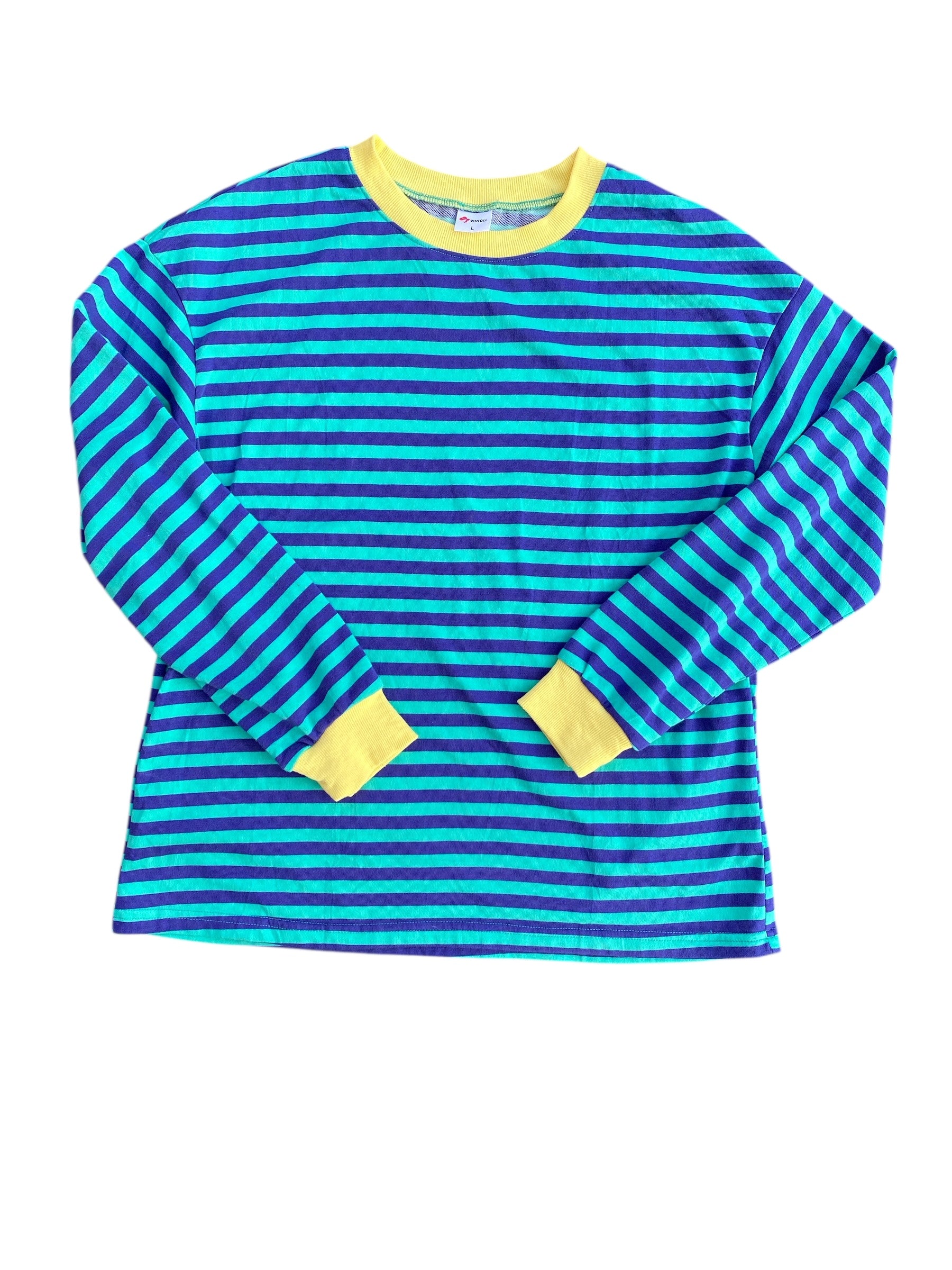blue teal wiholl striped ringer tee, L