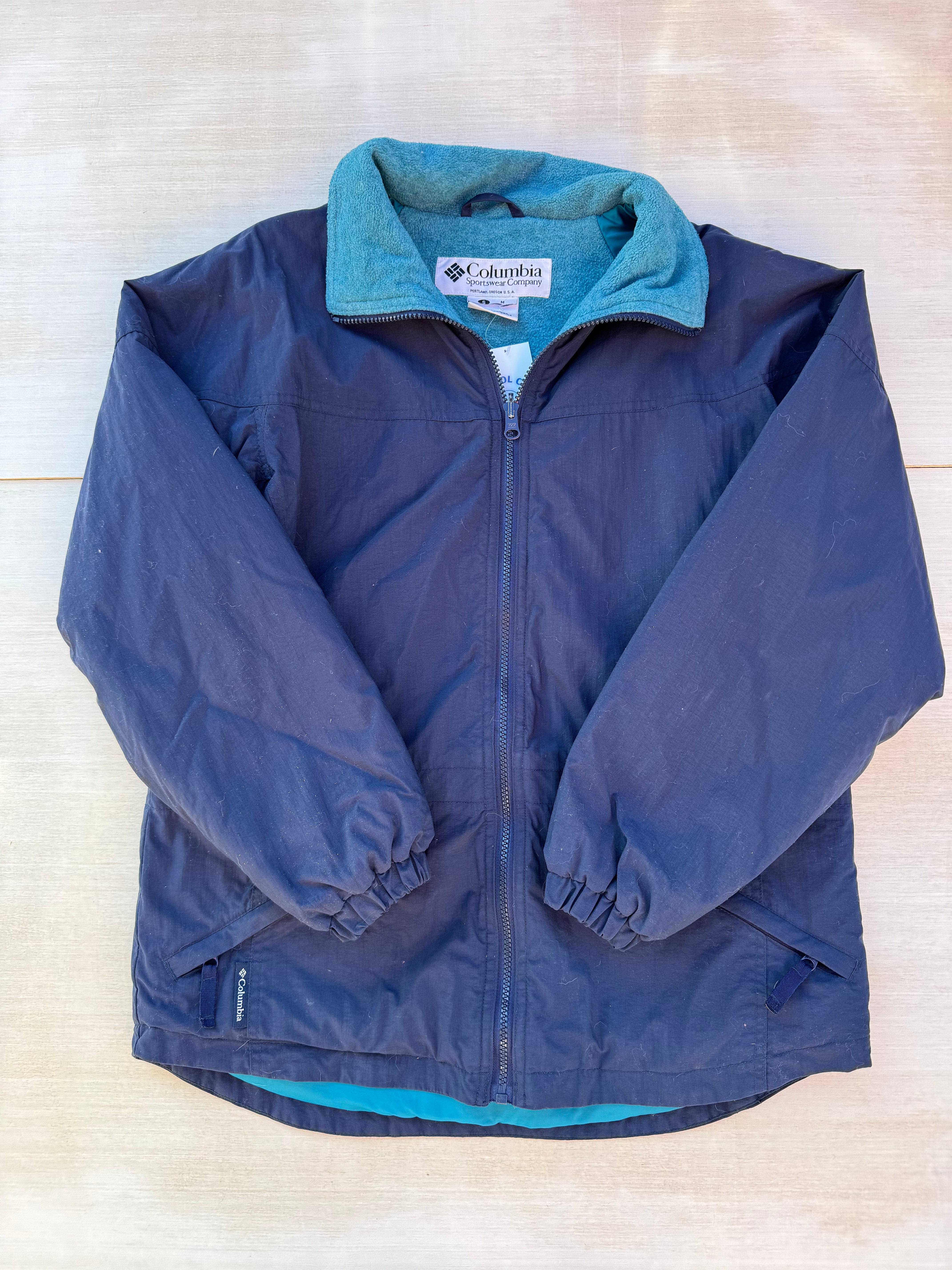 navy columbia fleece lined windbreaker, s