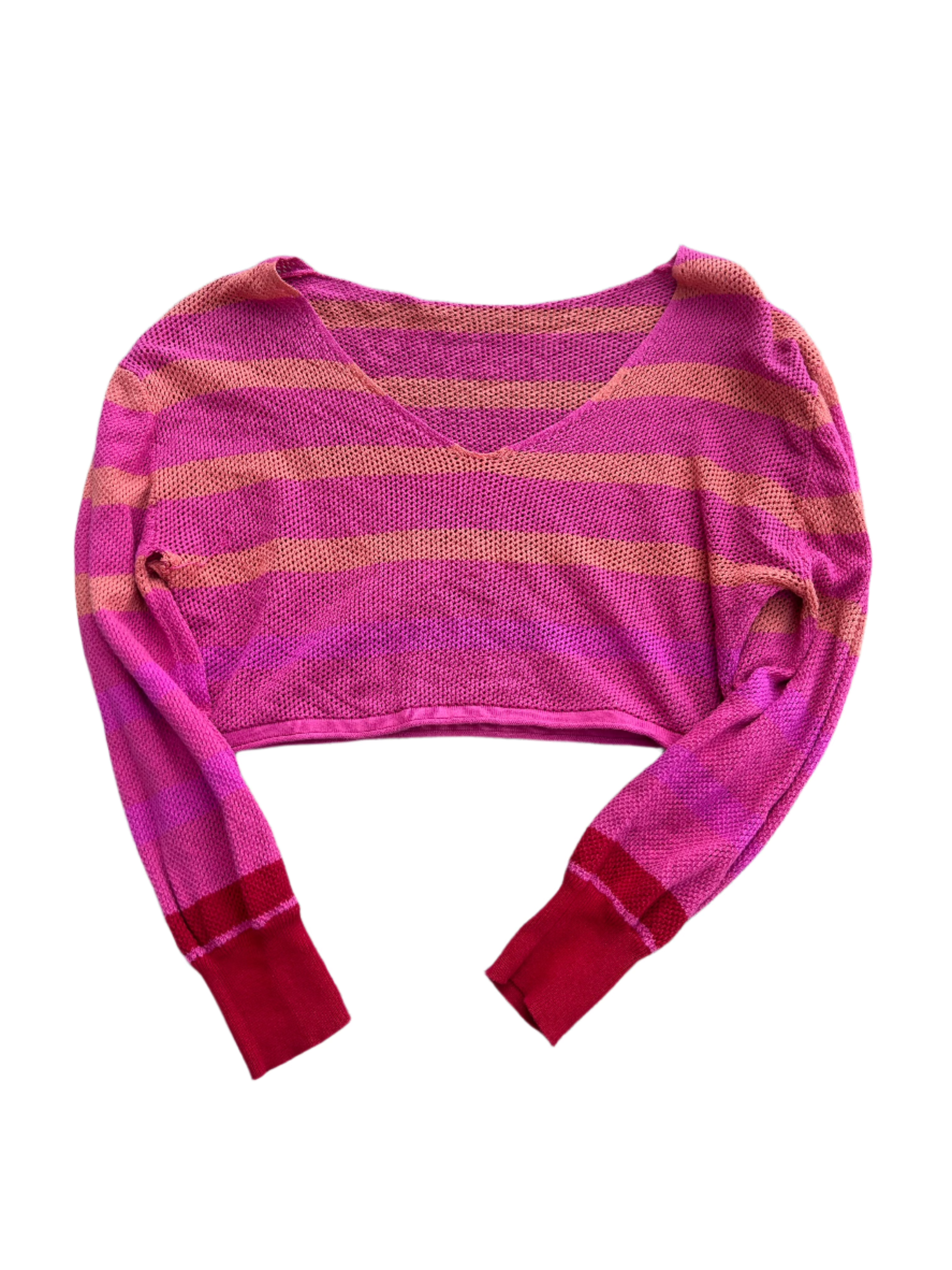 pink orange crochet striped long sleeve, s