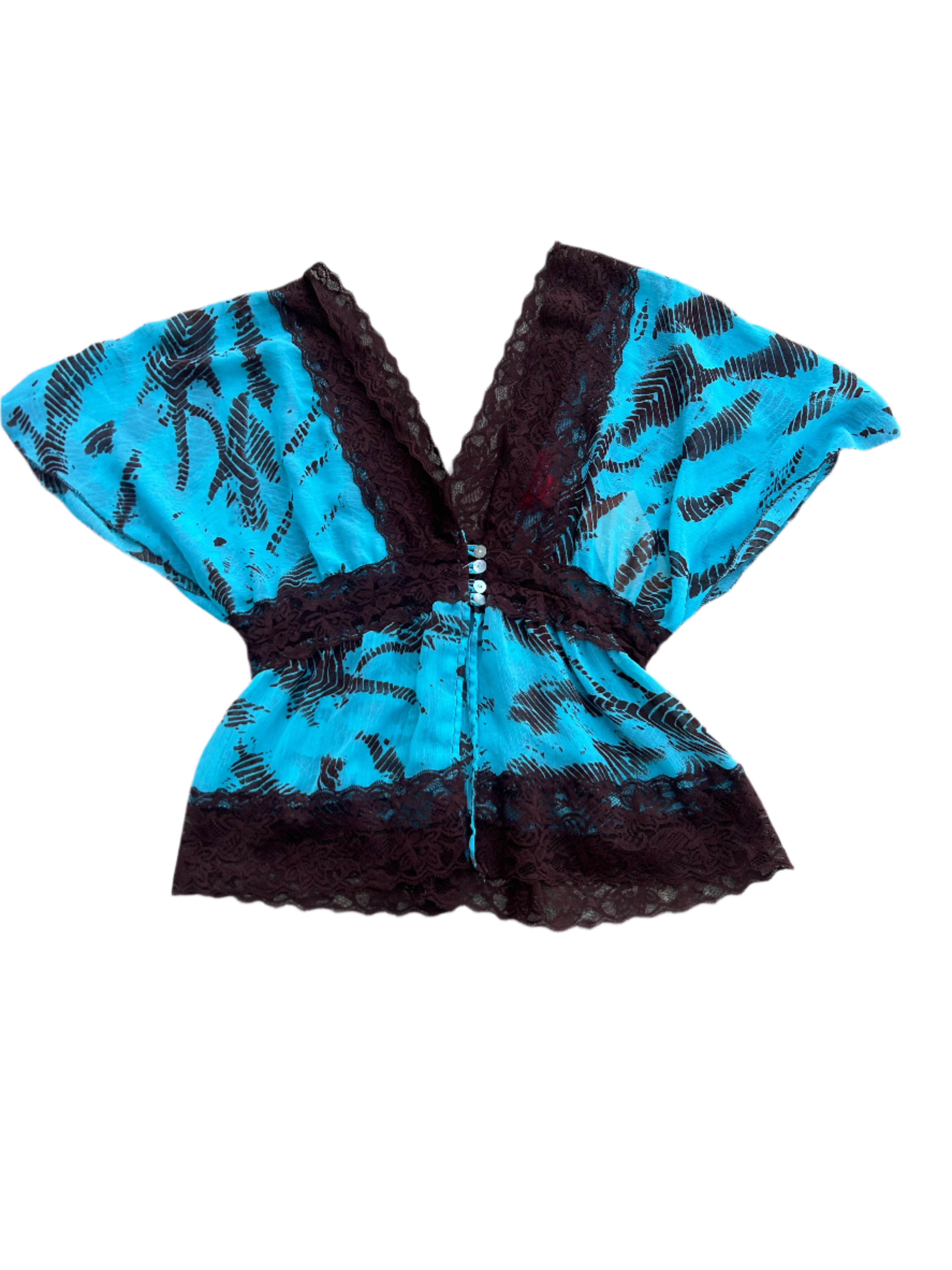 Turquoise and brown Rainbow Lace trim flowy top, L