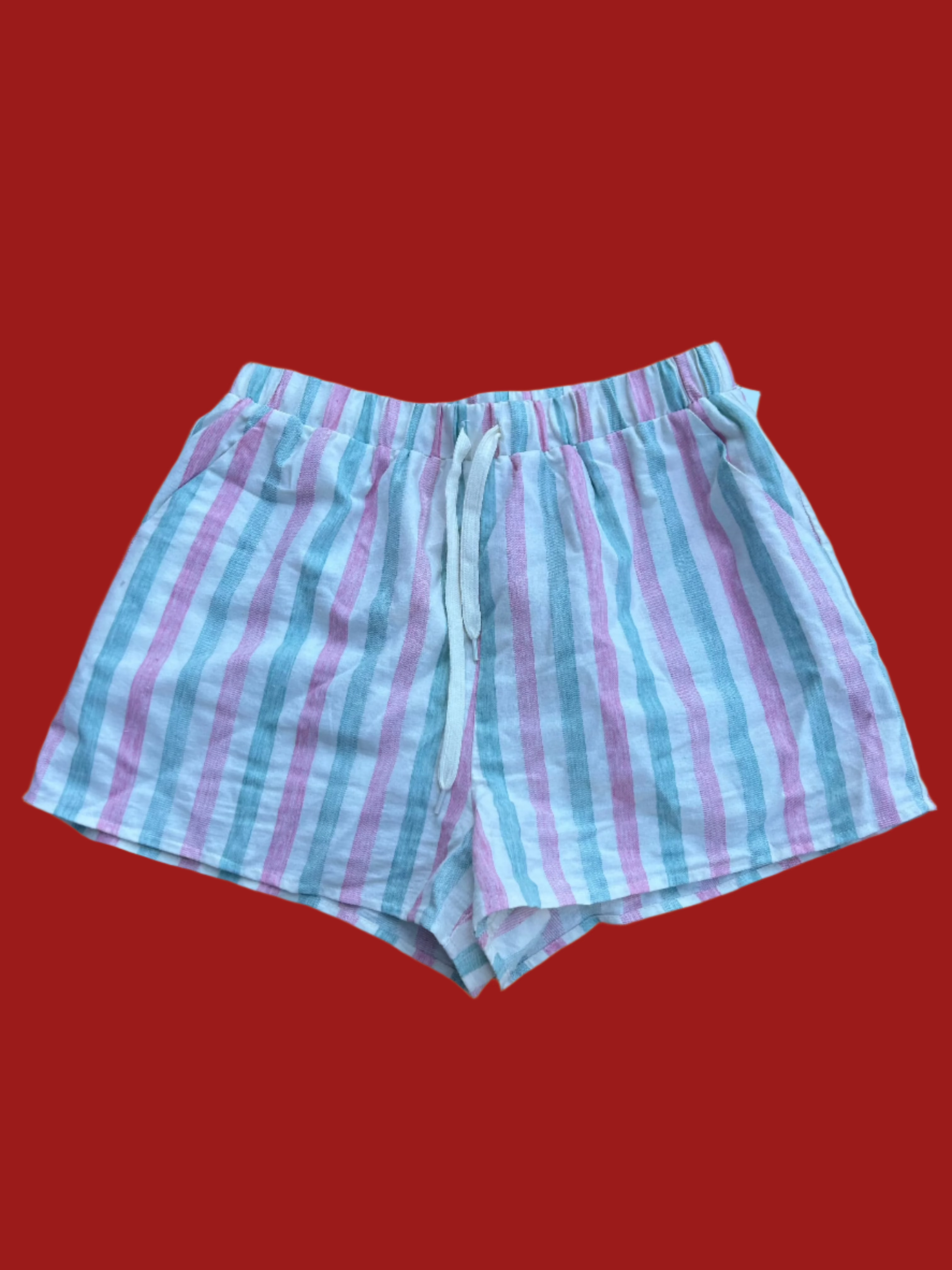 pink green white le lis striped drawstring shorts, m