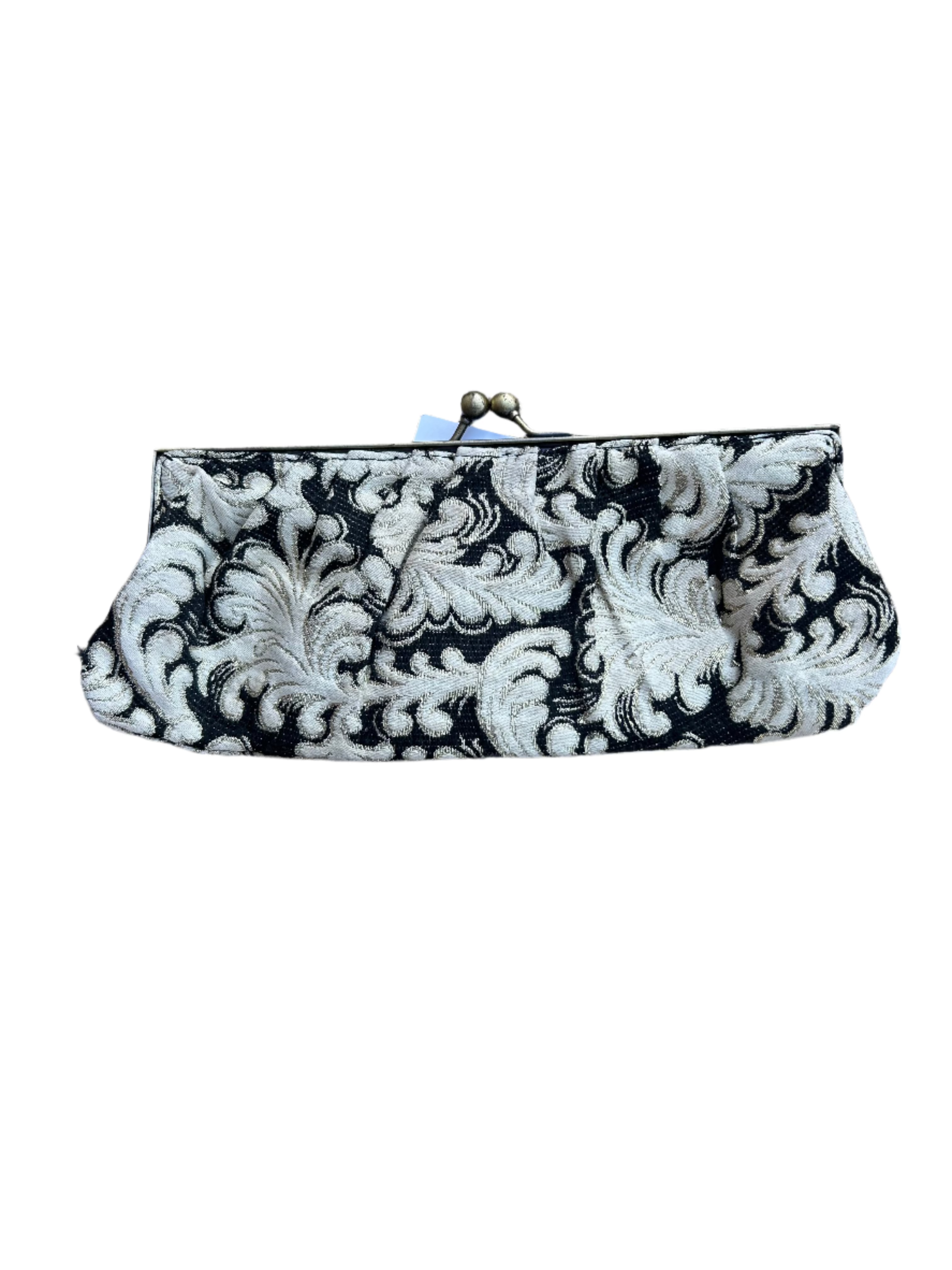 black white shiny embroidered clutch