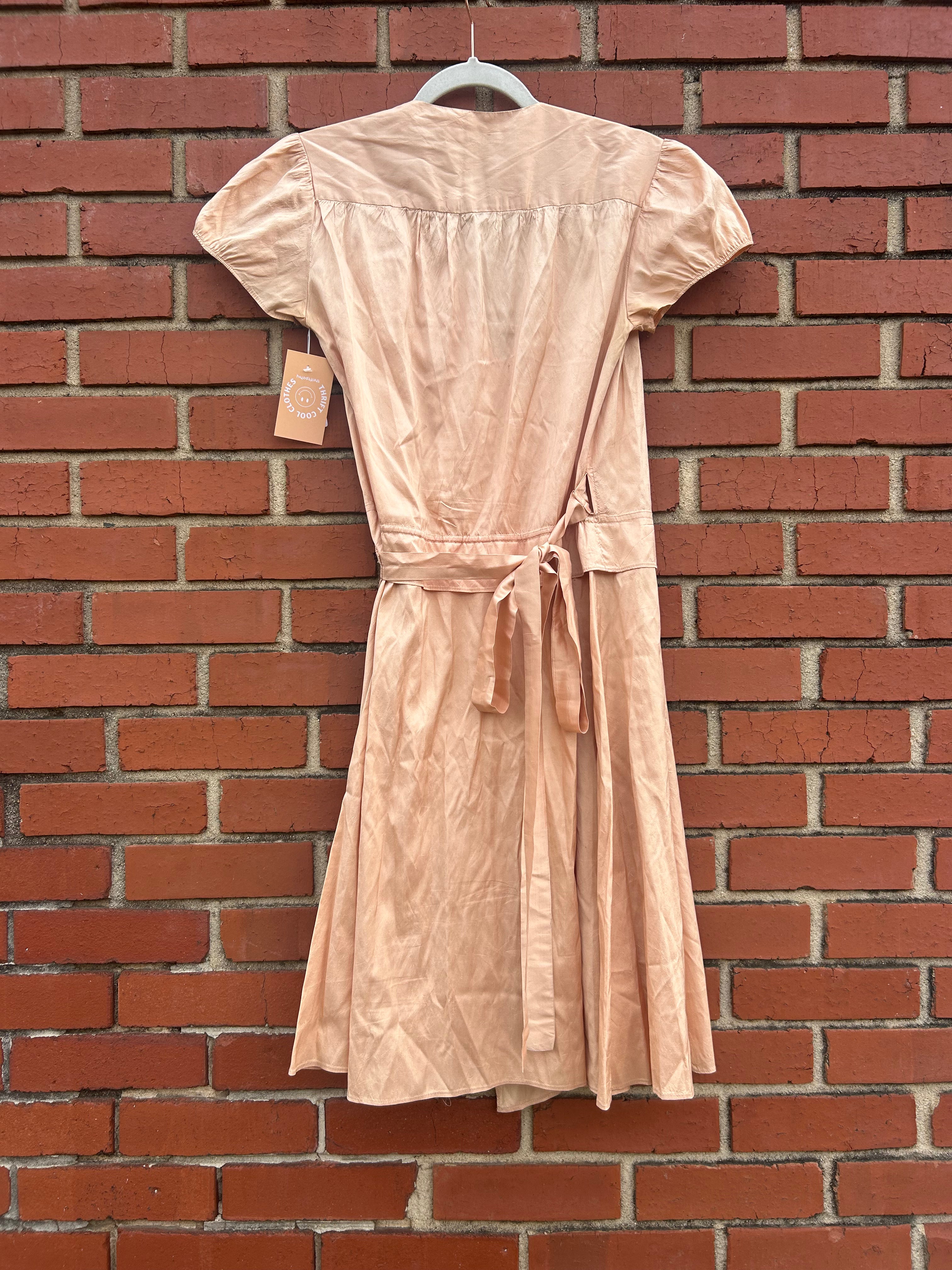 peach calypso shiny wrap midi dress, xs