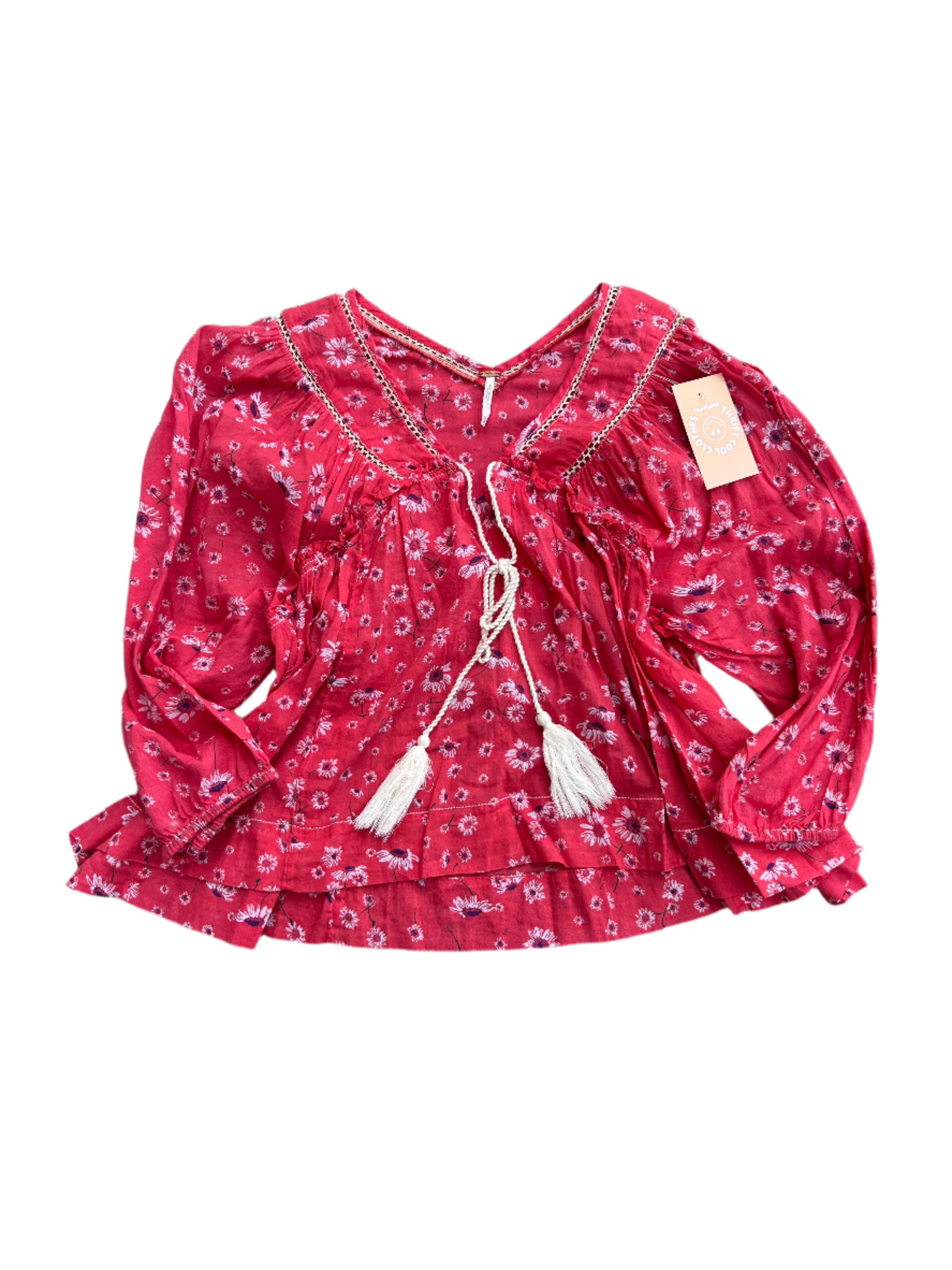 red free people floral flowy top, xs