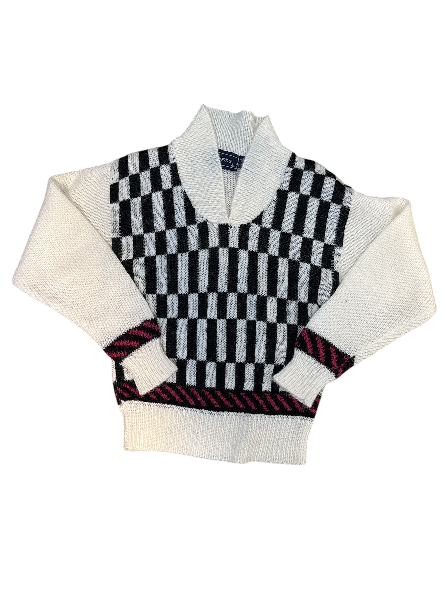 white black pink ginenne too! vtg checkerboard collar sweater, S