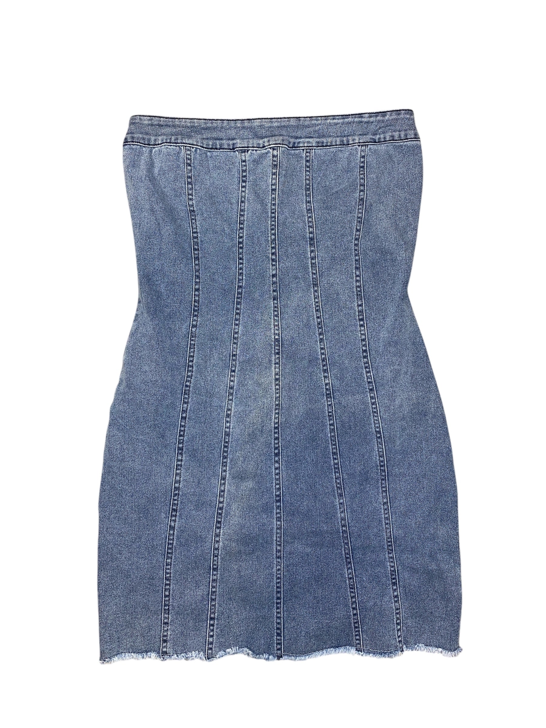 Blue Strapless denim body con dress, 5