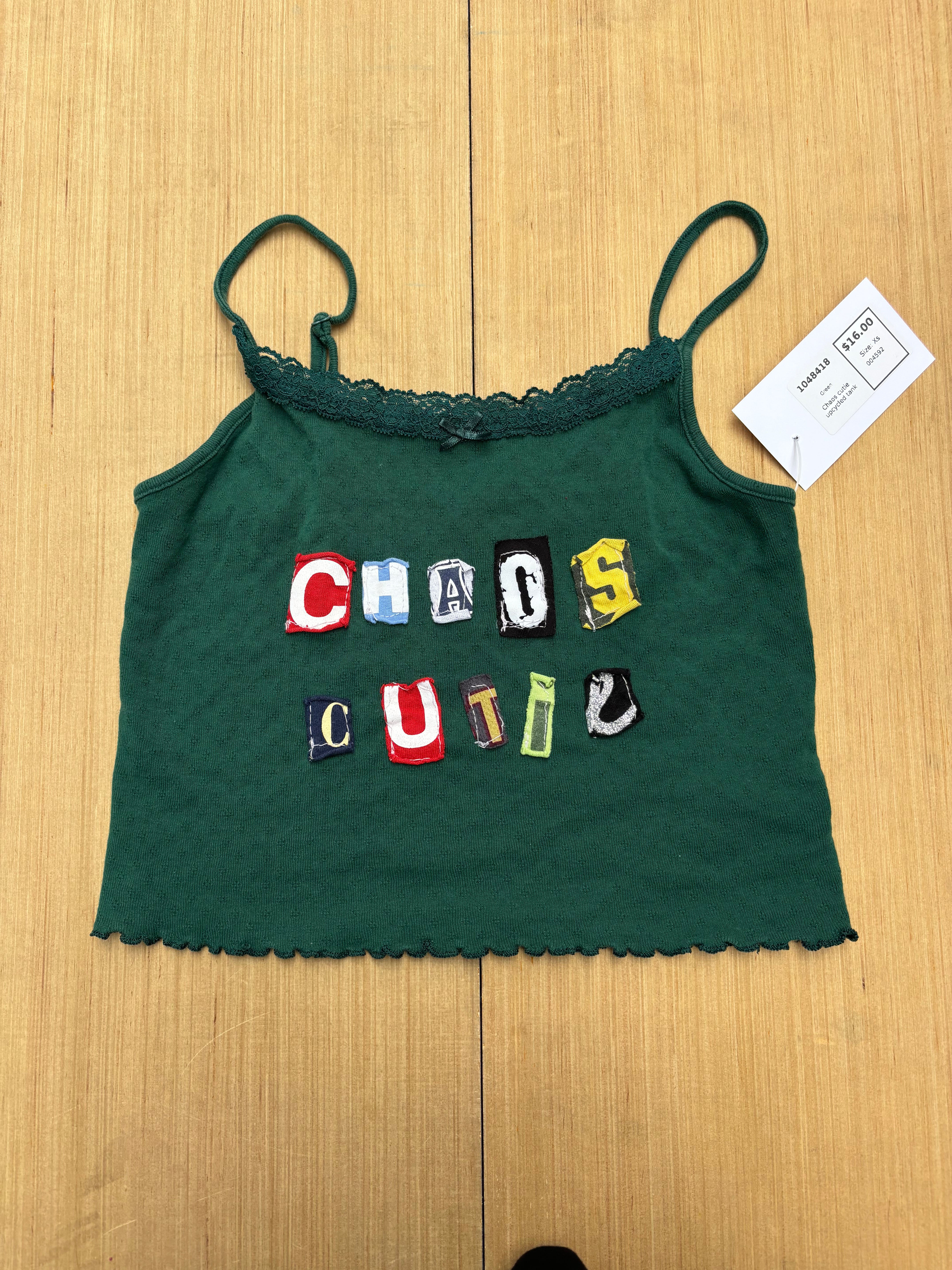 Green Chaos cutie upcycled tank, Xs