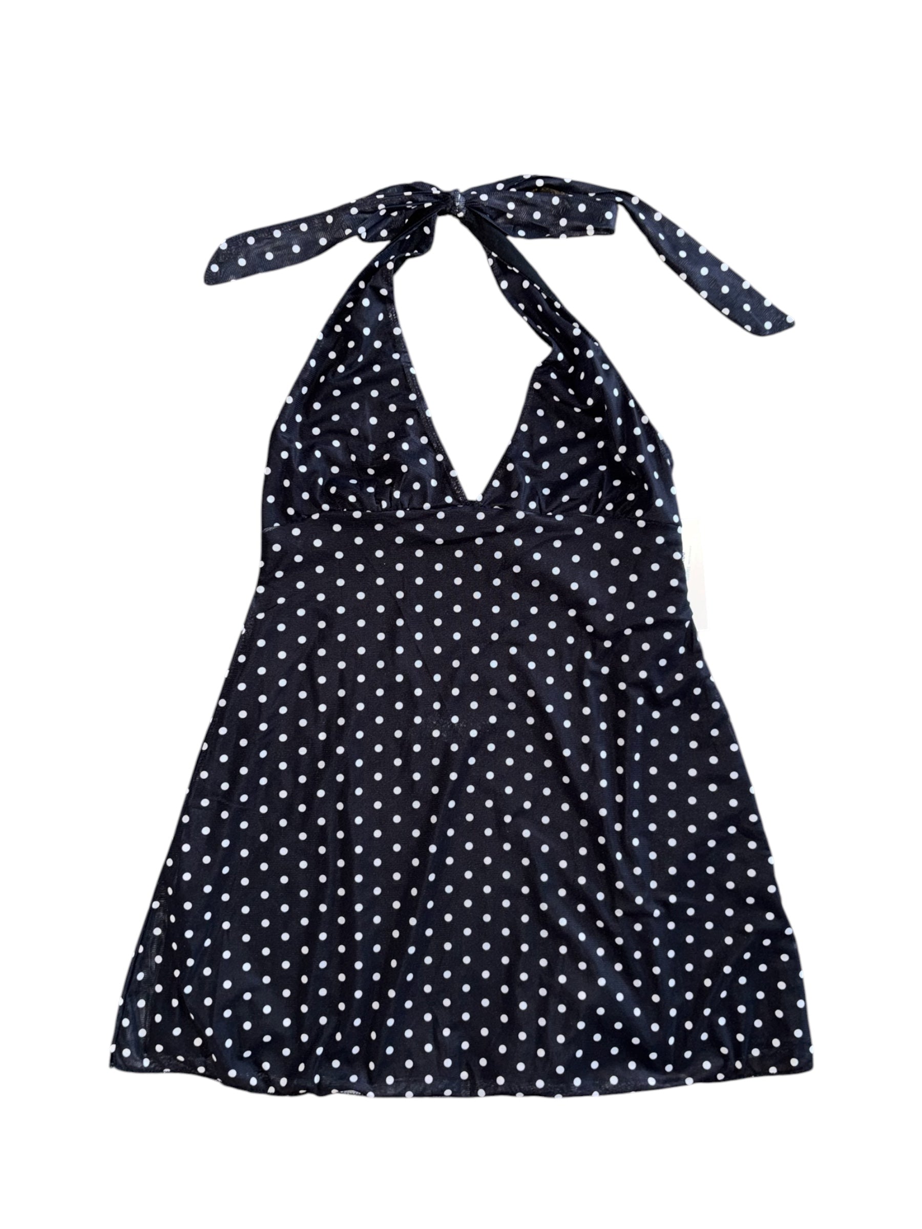 black white polka dot mesh halter mini dress, S