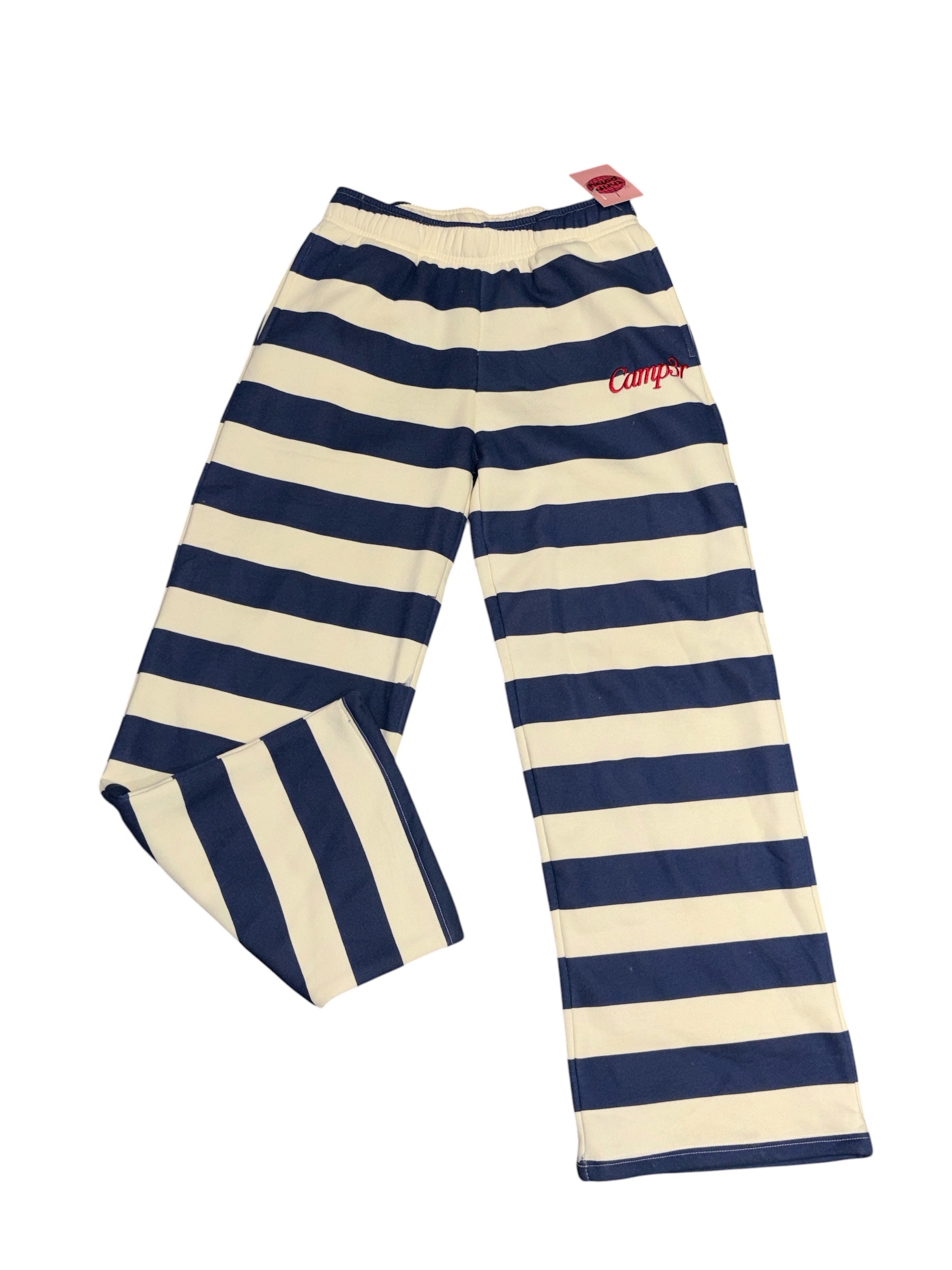 blue white happy camper striped sweat pants, s