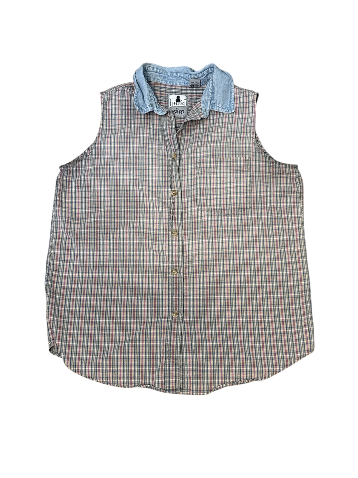 pink blue krazy kat plaid button up vest, l