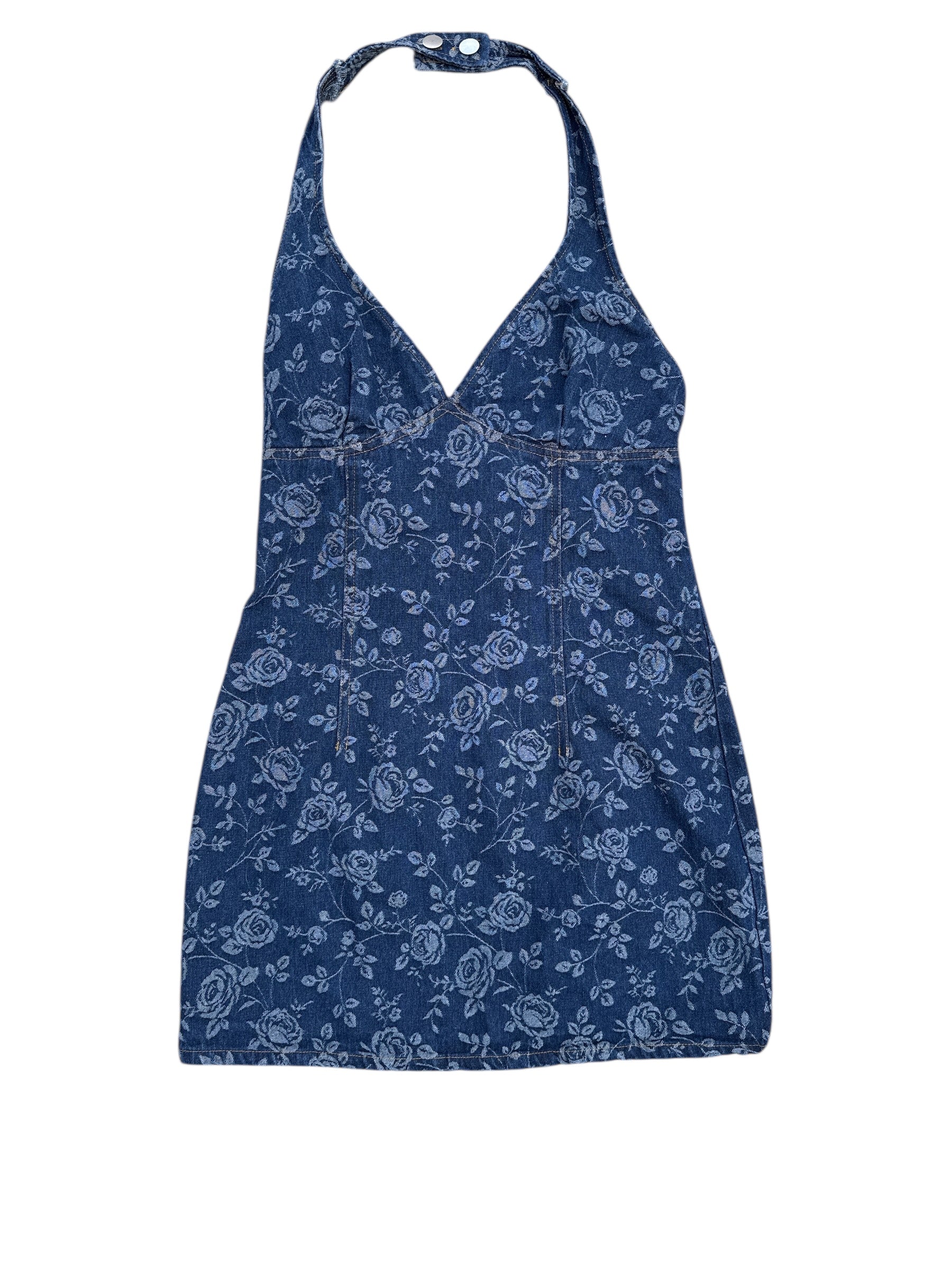 Blue Lulus Denim floral halter dress, M